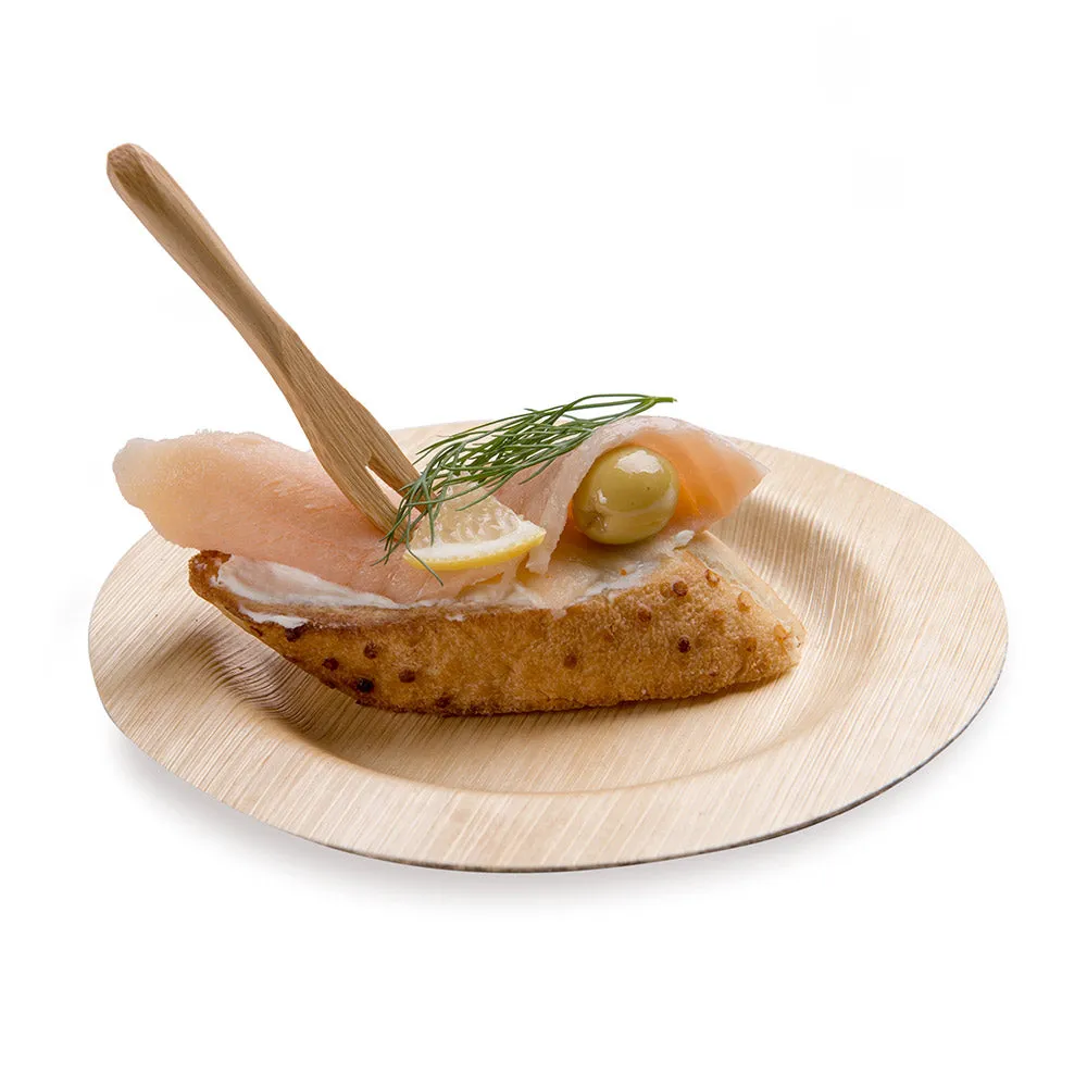 100 Round Natural 2.5" Bamboo Dishes and 100 Natural Bamboo 3.5" Mini Forks