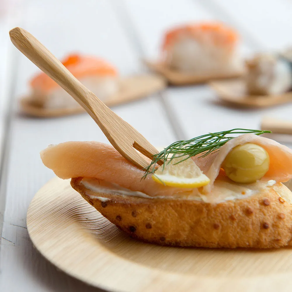 100 Round Natural 2.5" Bamboo Dishes and 100 Natural Bamboo 3.5" Mini Forks