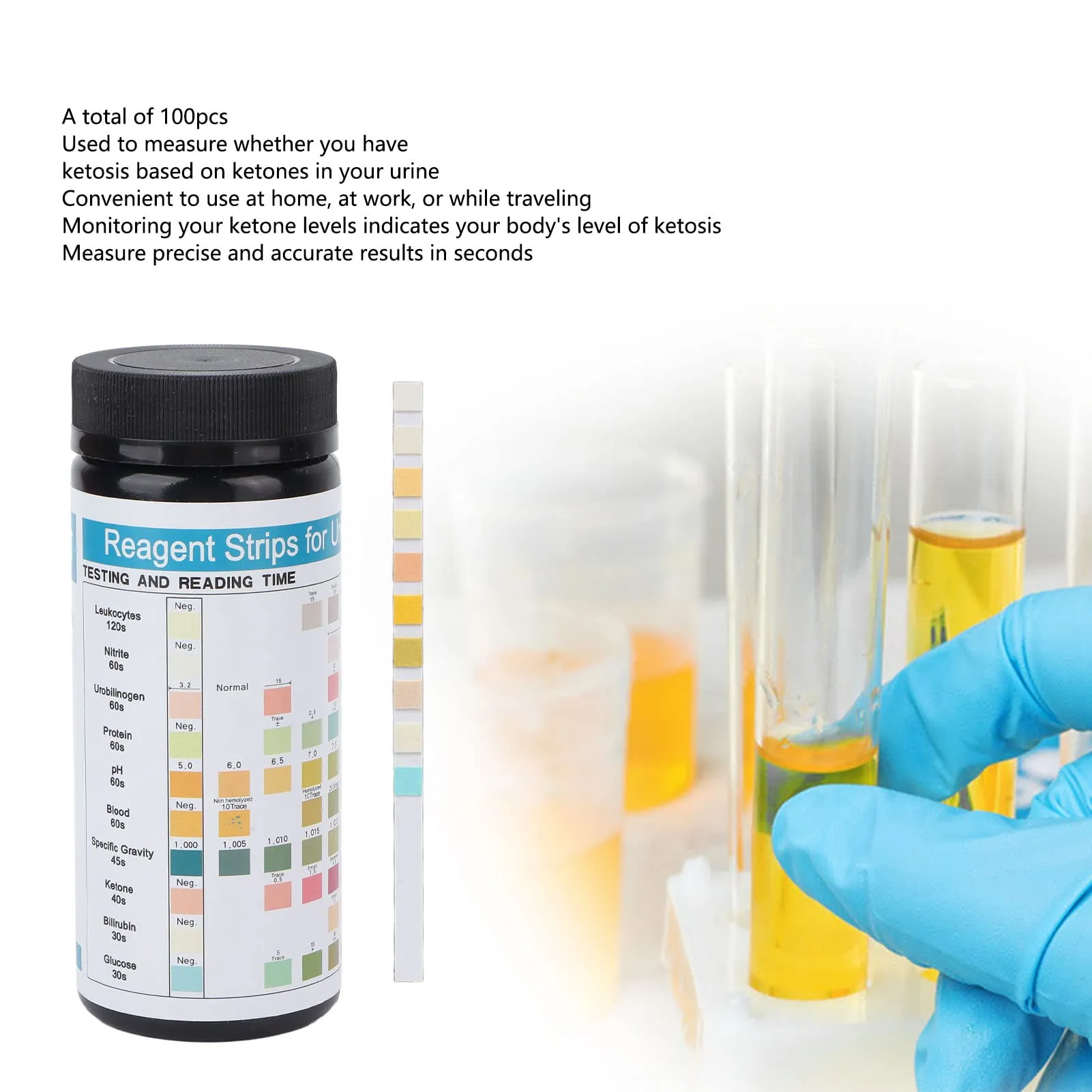 100pcs Ketone Urine Test Strips, Easy to Operation Ketosis Measuring Sticks Kit Accurate Fast Measurement Ketones Level Monitor Test Strip