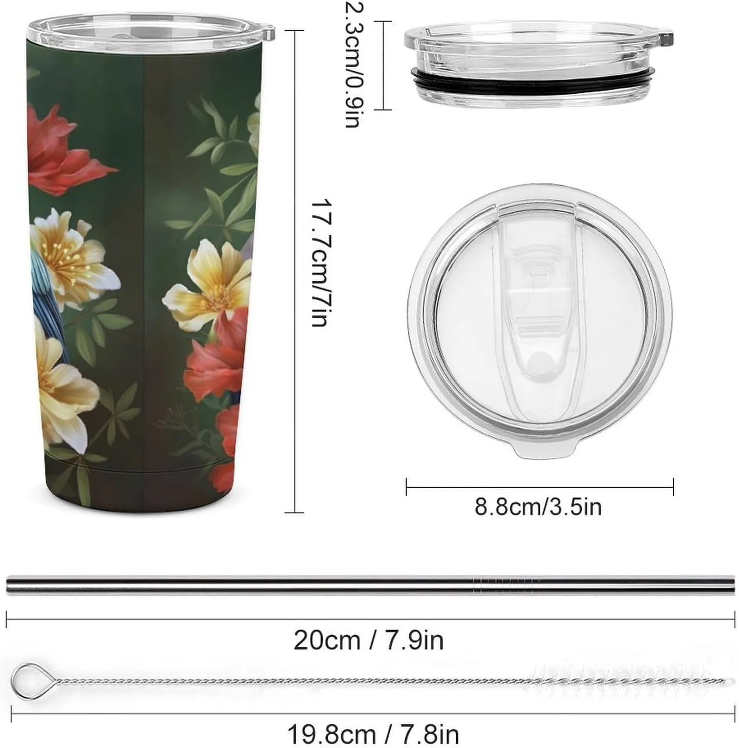 20 Oz Tumbler With Straw Leak Proof Thermos Cup, Bird with Flowers Stainless Steel Insulated Travel Coffee Mug Fit for Car Cup Holder