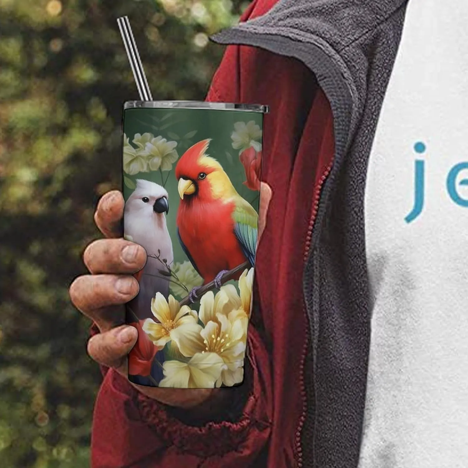 20 Oz Tumbler With Straw Leak Proof Thermos Cup, Bird with Flowers Stainless Steel Insulated Travel Coffee Mug Fit for Car Cup Holder