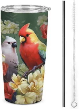 20 Oz Tumbler With Straw Leak Proof Thermos Cup, Bird with Flowers Stainless Steel Insulated Travel Coffee Mug Fit for Car Cup Holder
