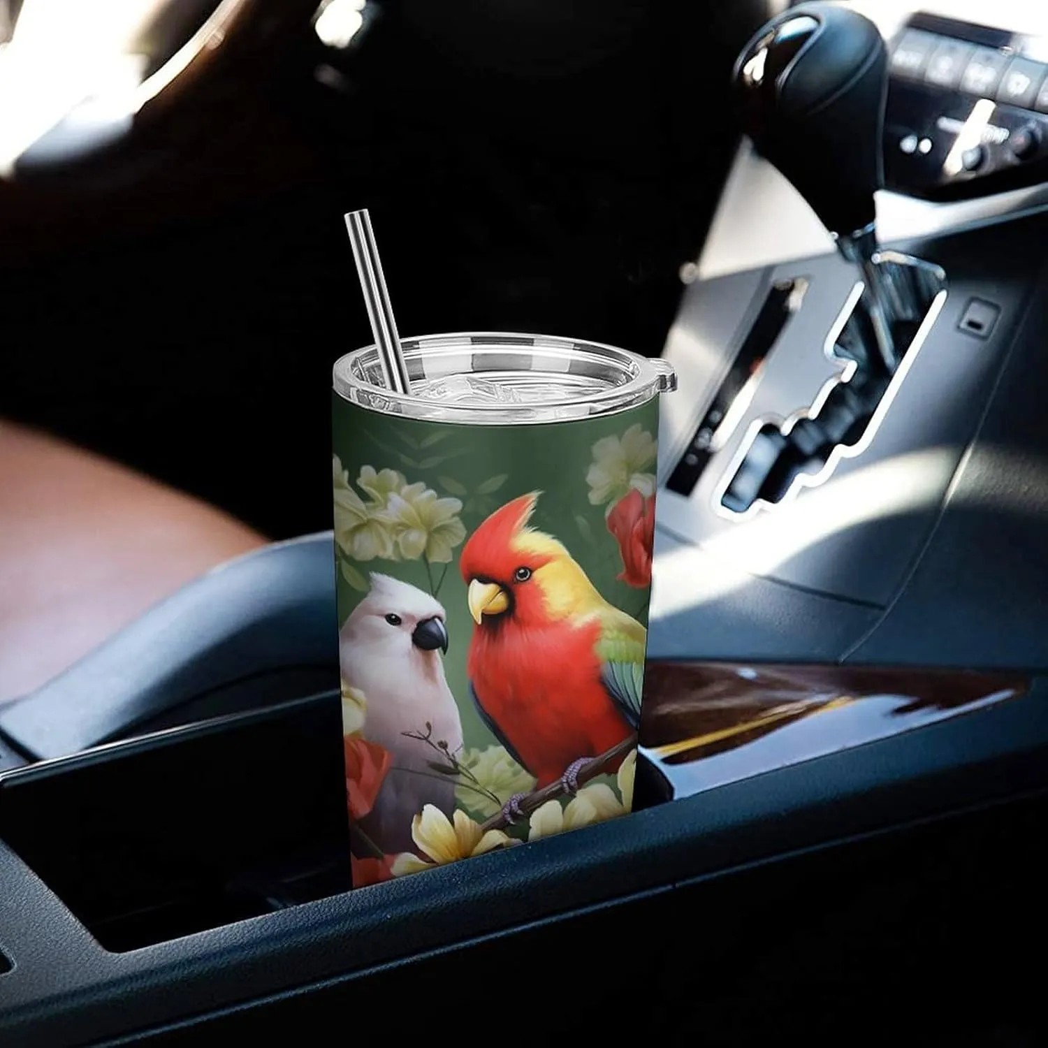 20 Oz Tumbler With Straw Leak Proof Thermos Cup, Bird with Flowers Stainless Steel Insulated Travel Coffee Mug Fit for Car Cup Holder