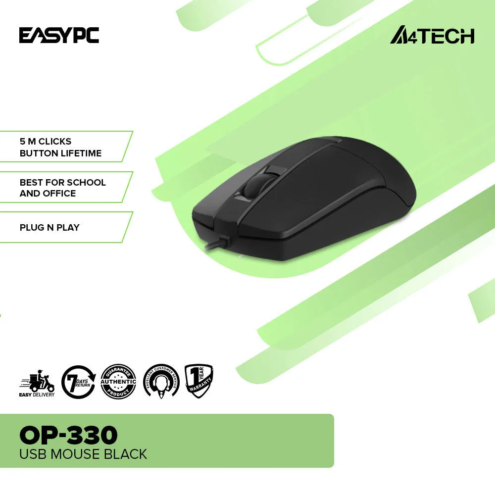 A4Tech OP-330 1200 DPI Durable Button Life 4-way wheel Silent Clicks Usb Black Mouse Black