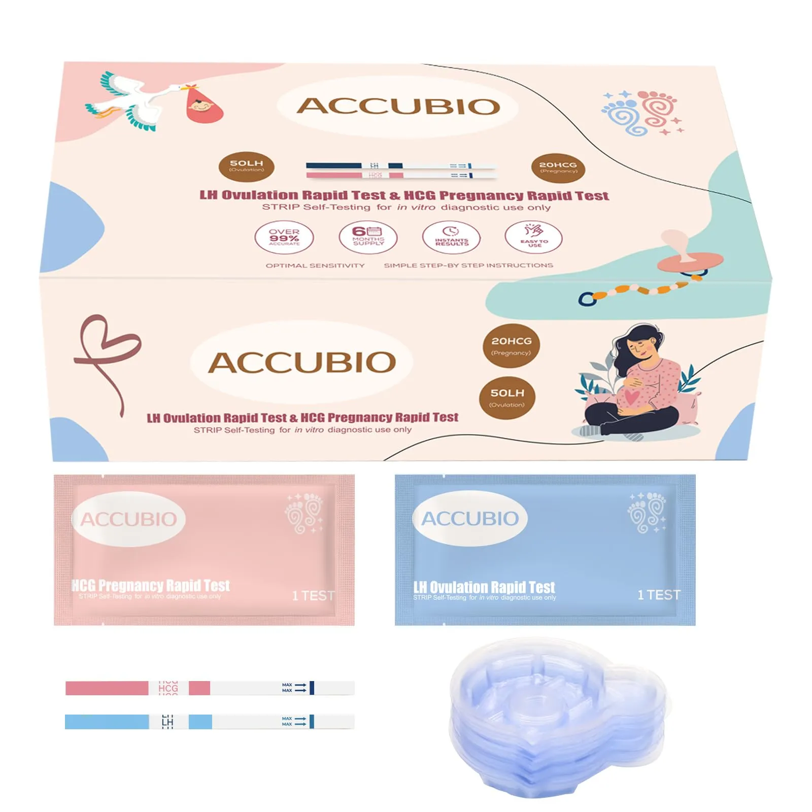 ACCUBIO 50 Ovulation Test Strips and 20 Pregnancy Test Strips Combo Kit, Over 99% Accurate Fertility Test, Sensitive LH and HCG Home Rapid Detection, with 70 Free Urine Collection Cups