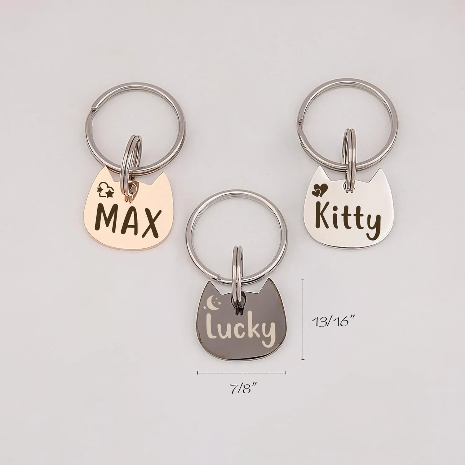 Anavia Cat Head & Fish Shape Pet ID Tags, Personalized Funny Icon Design Cat Name Tag, Customized Gold Plated Glossy Stainless Steel Black Rainbow Cat Dog Collar Tag (Small, Cat Head Shape, Silver)