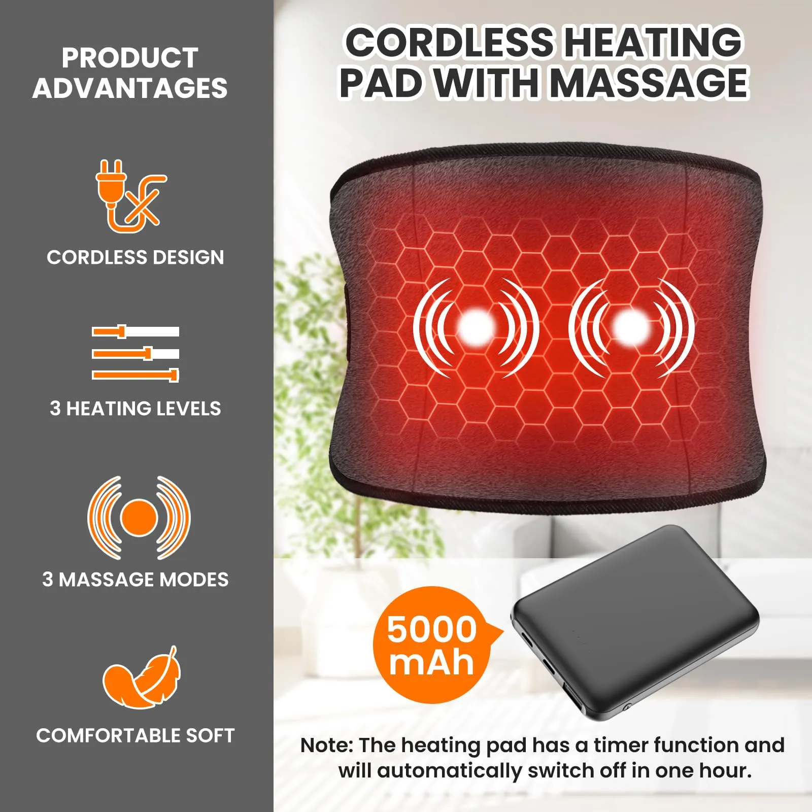 Arlierss Graphene Heat Belt Back with 5000 mAh Battery, Electric Heating Pad with Automatic Shut-Off, Belt Adjustable Straps Heating Belt with 3 Heating Levels & 3 Massage Modes for Pain Relief 002 (Heating   Massage)