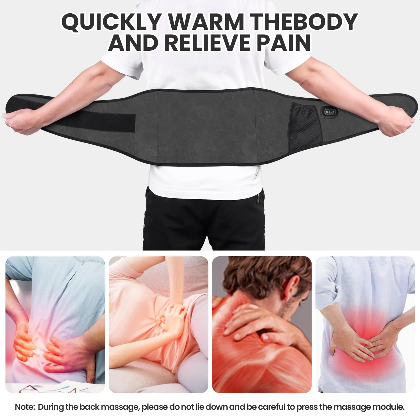 Arlierss Graphene Heat Belt Back with 5000 mAh Battery, Electric Heating Pad with Automatic Shut-Off, Belt Adjustable Straps Heating Belt with 3 Heating Levels & 3 Massage Modes for Pain Relief 002 (Heating   Massage)