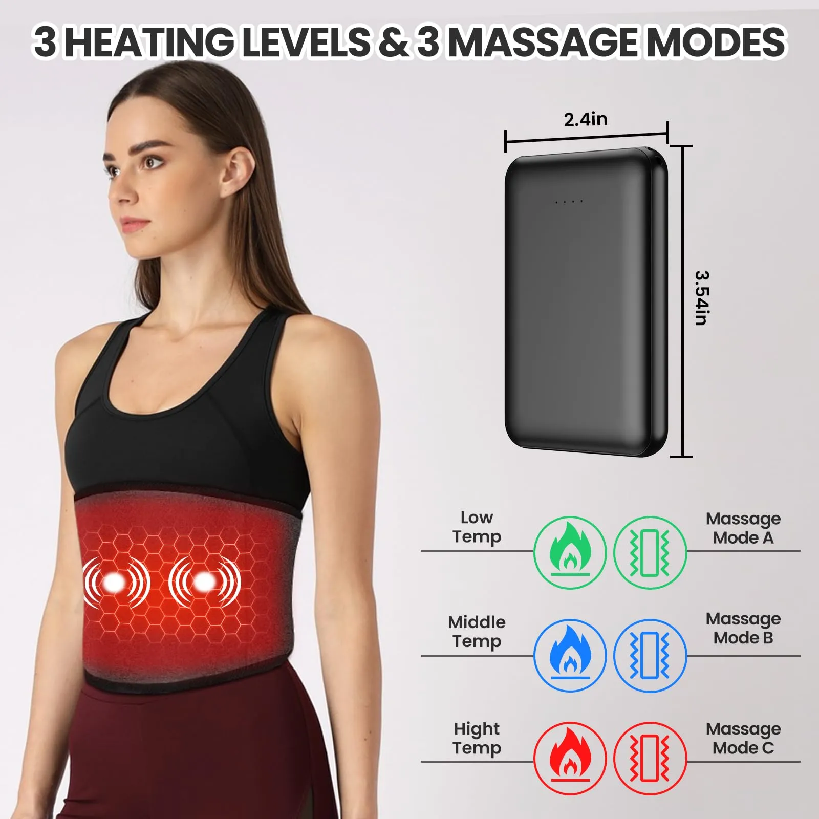 Arlierss Graphene Heat Belt Back with 5000 mAh Battery, Electric Heating Pad with Automatic Shut-Off, Belt Adjustable Straps Heating Belt with 3 Heating Levels & 3 Massage Modes for Pain Relief 002 (Heating   Massage)