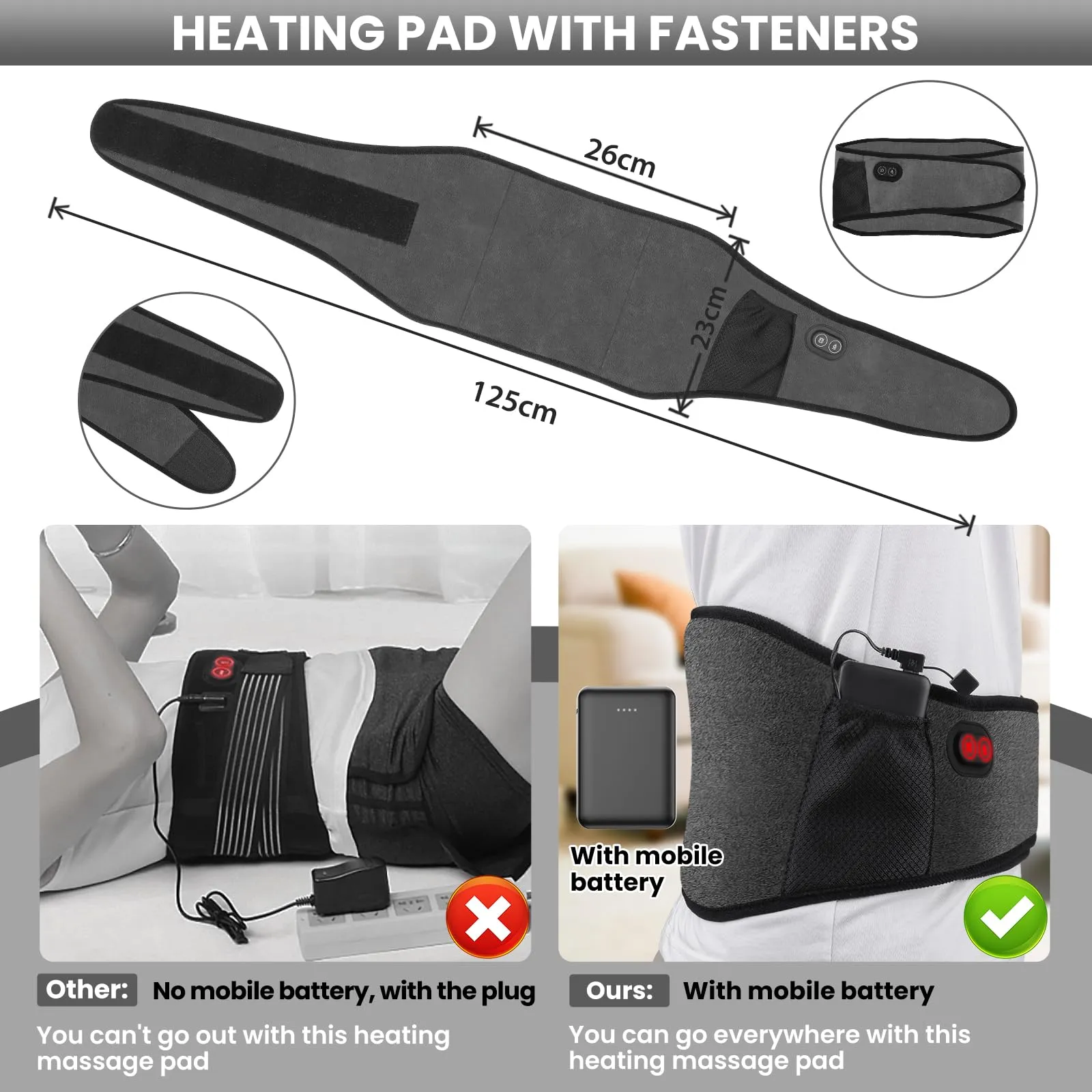 Arlierss Graphene Heat Belt Back with 5000 mAh Battery, Electric Heating Pad with Automatic Shut-Off, Belt Adjustable Straps Heating Belt with 3 Heating Levels & 3 Massage Modes for Pain Relief 002 (Heating   Massage)