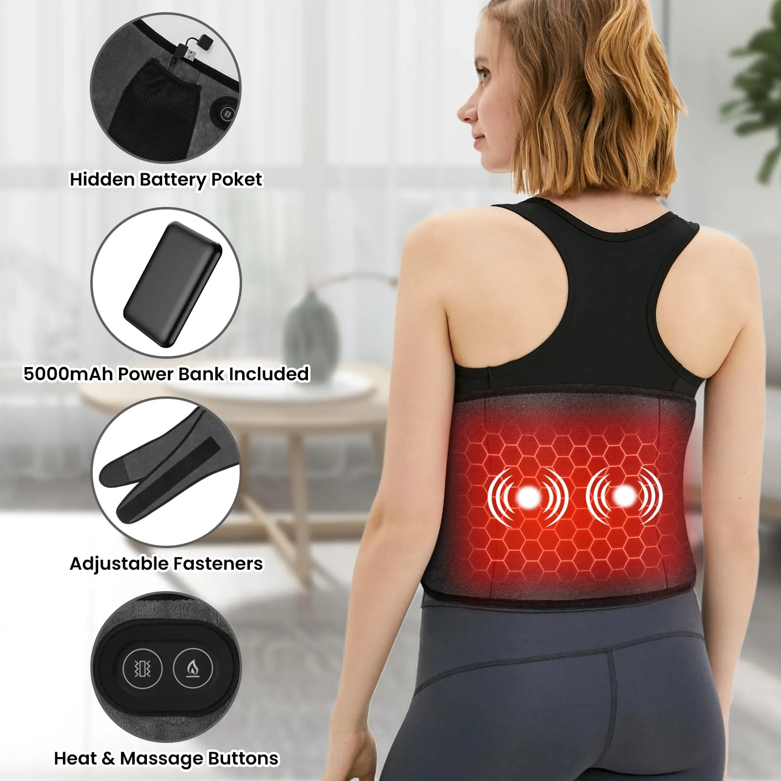 Arlierss Graphene Heat Belt Back with 5000 mAh Battery, Electric Heating Pad with Automatic Shut-Off, Belt Adjustable Straps Heating Belt with 3 Heating Levels & 3 Massage Modes for Pain Relief 002 (Heating   Massage)