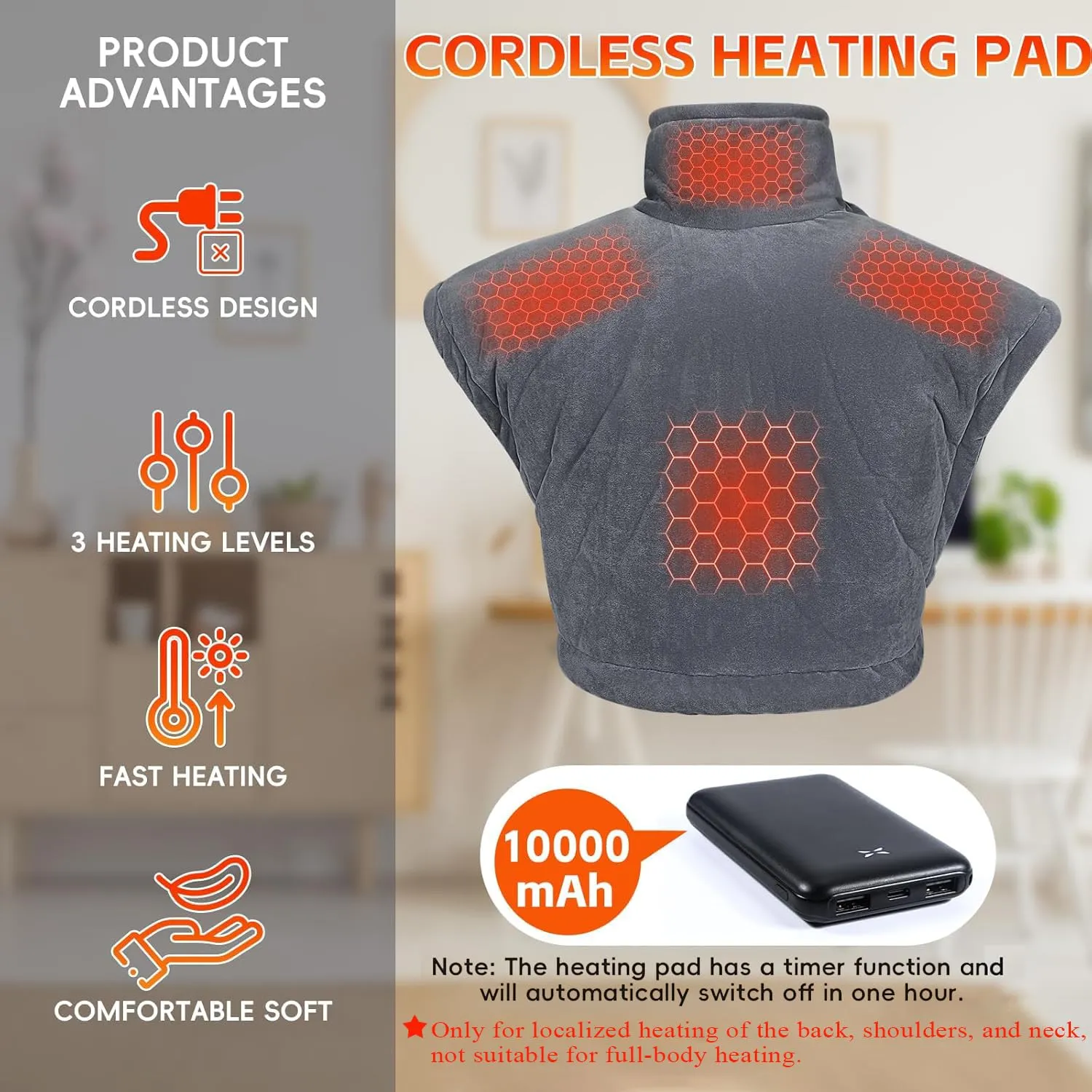Arlierss graphene heating pad neck shoulder with 10000mAh battery, heat pad wireless back with 3 heating levels, neck warmer shoulder warmer electrically weighted with automatic switch-off, 55x50cm heating