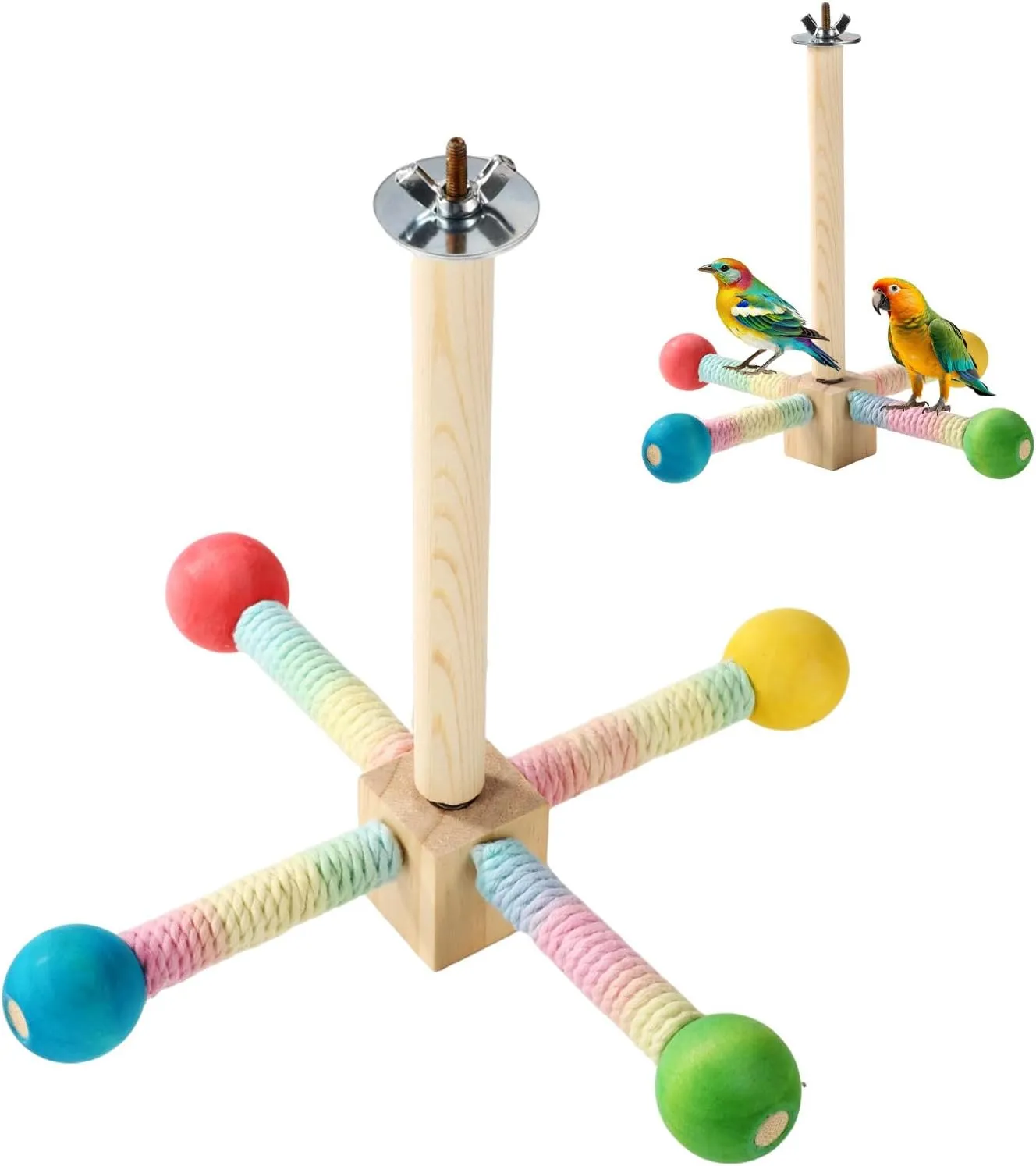 Bird Stand Perch, Colorful Wooden Parrot Perches for Cage Spinning Interactive Cockatiel Toys Parakeet Cage Accessories