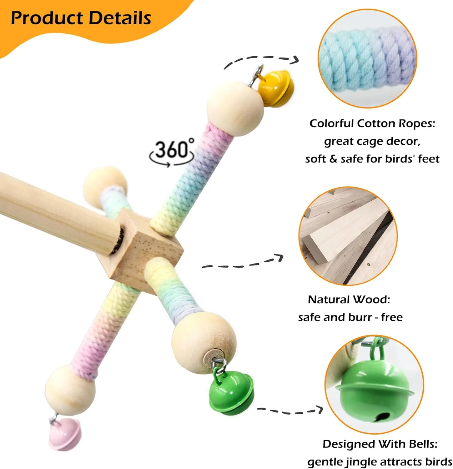 Bird Stand Perch Toy with Bells, Interactive Spinning Parakeet Toys, Wooden Exercise Wheel Parrot Toy, Enrichment Cockatiel Toy for Birds Cage, Bird Cage Accessories Perch Toys for Budgies (S, Bells)