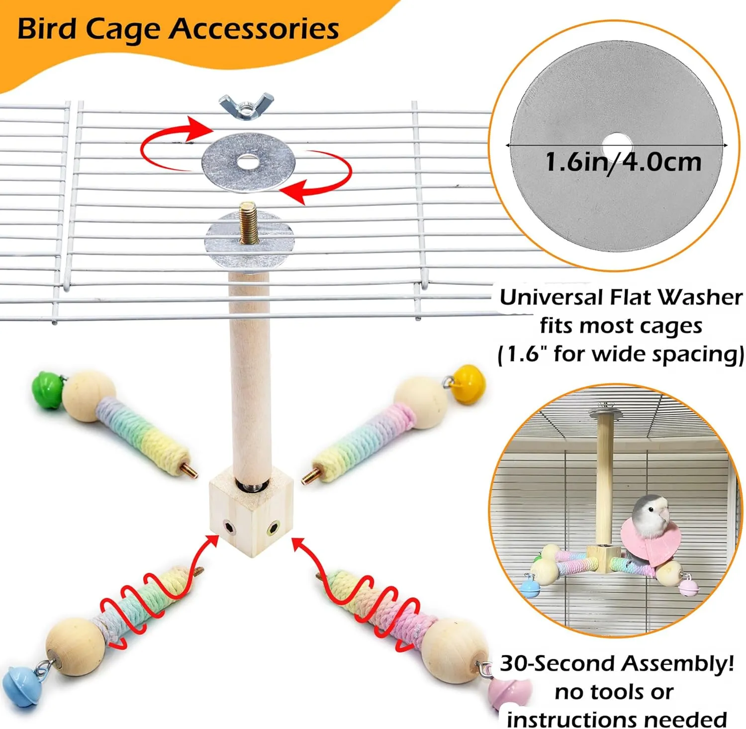 Bird Stand Perch Toy with Bells, Interactive Spinning Parakeet Toys, Wooden Exercise Wheel Parrot Toy, Enrichment Cockatiel Toy for Birds Cage, Bird Cage Accessories Perch Toys for Budgies (S, Bells)