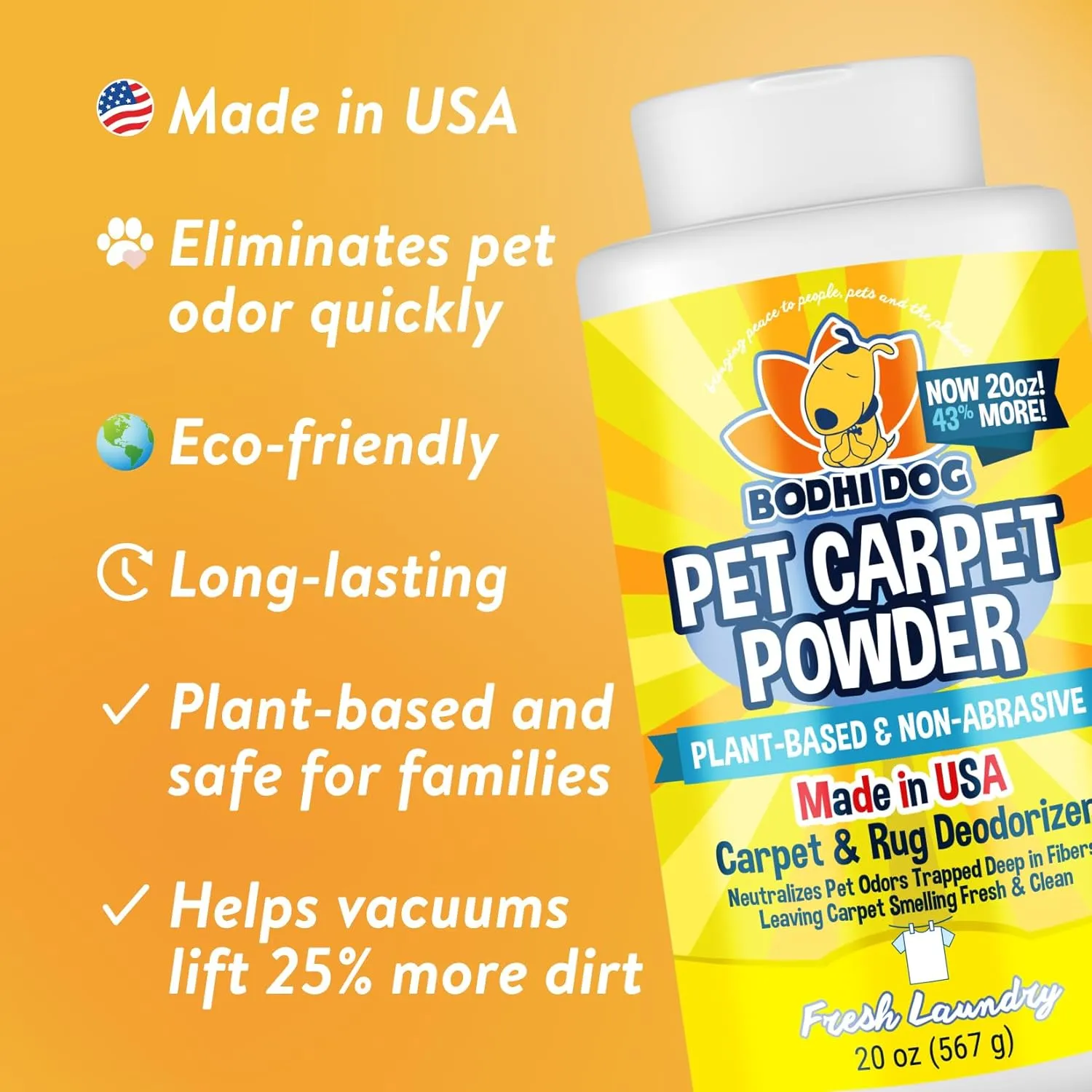 Bodhi Dog Natural Carpet Deodorizer Powder - Dry Pet Smell Eliminator & Urine Odor Remover - Loosens Fur & Dirt - Plant-Based and Biodegradable Room Freshener for Home - Fresh Laundry (Pack of 1)