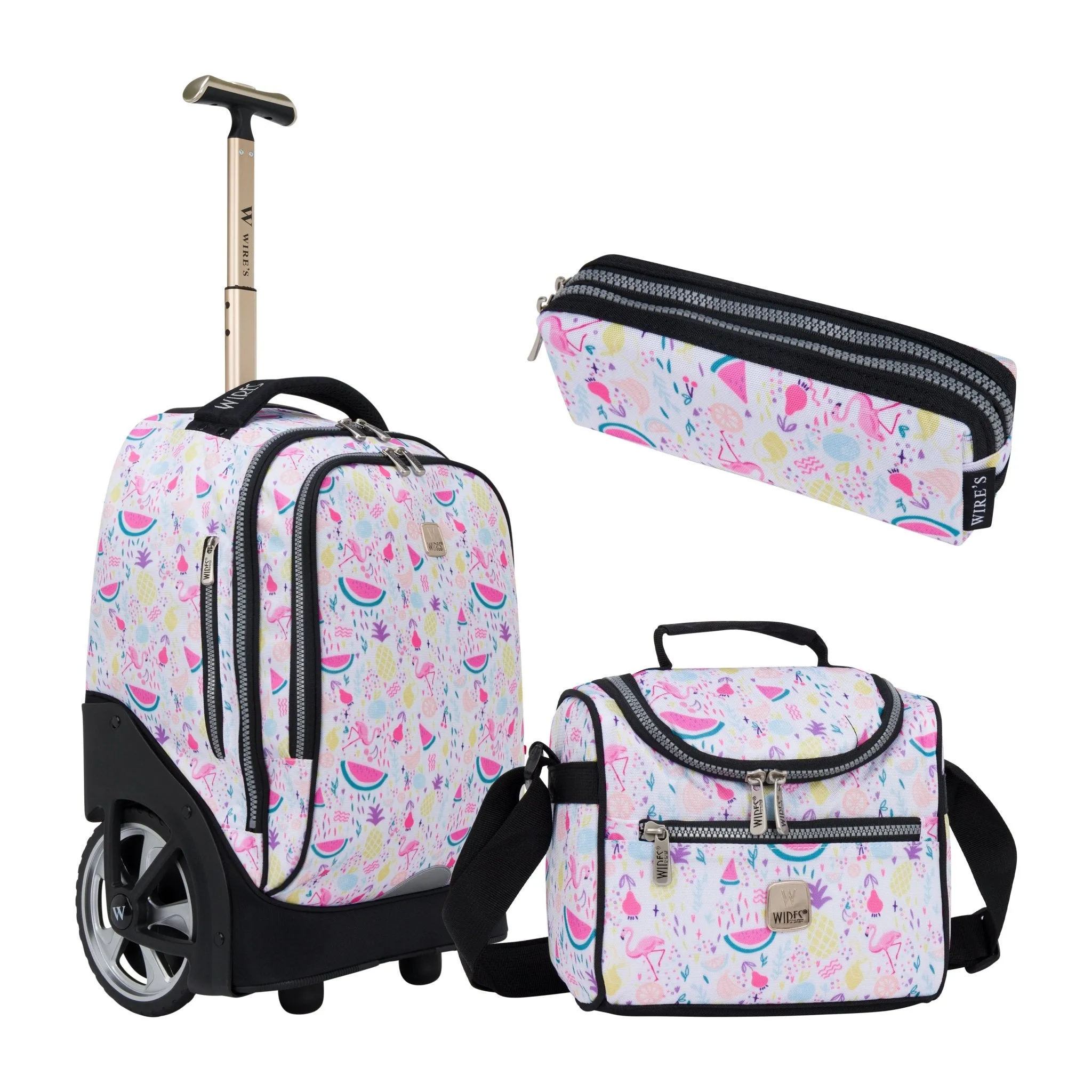 Bright Tropical Big Wheel School Bag Trolley Set of 3 (Lunch Bag & Pencil Case)