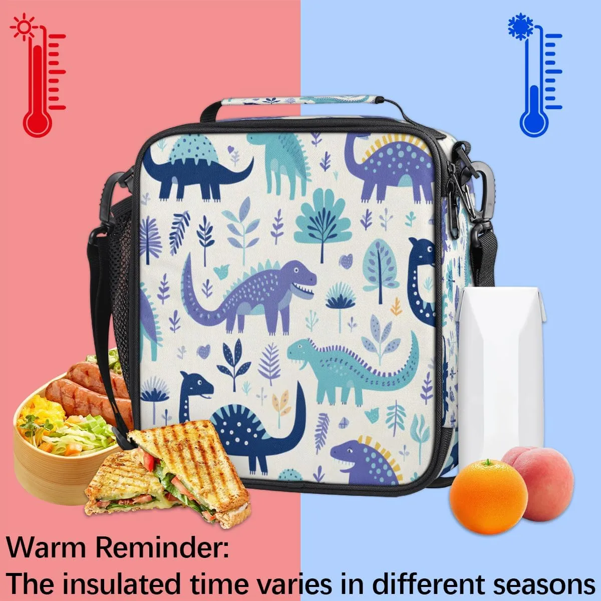 Cartoon Dinosaur Insulated Lunch Bag Kids Lunch Box Reusable Leakproof Lunch Bag for Girls Boys Cooler Tote Bag with Adjustable Shoulder Strap for School Picnic Work Travel Outdoor