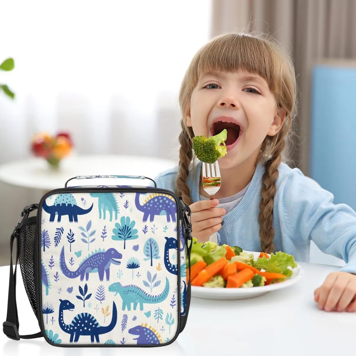 Cartoon Dinosaur Insulated Lunch Bag Kids Lunch Box Reusable Leakproof Lunch Bag for Girls Boys Cooler Tote Bag with Adjustable Shoulder Strap for School Picnic Work Travel Outdoor
