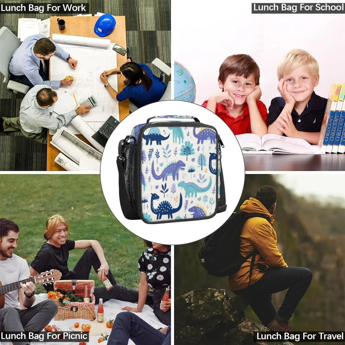 Cartoon Dinosaur Insulated Lunch Bag Kids Lunch Box Reusable Leakproof Lunch Bag for Girls Boys Cooler Tote Bag with Adjustable Shoulder Strap for School Picnic Work Travel Outdoor