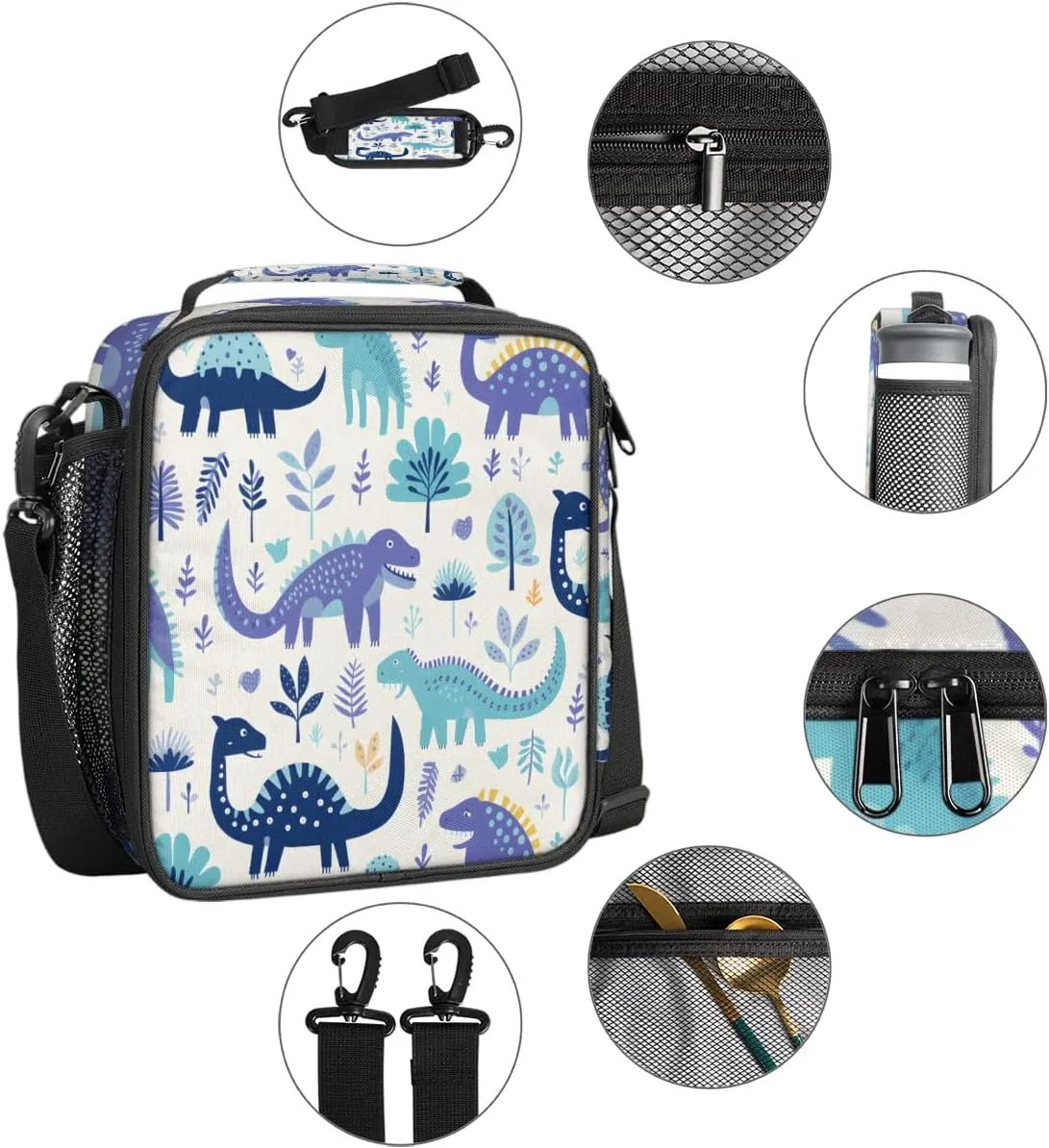 Cartoon Dinosaur Insulated Lunch Bag Kids Lunch Box Reusable Leakproof Lunch Bag for Girls Boys Cooler Tote Bag with Adjustable Shoulder Strap for School Picnic Work Travel Outdoor