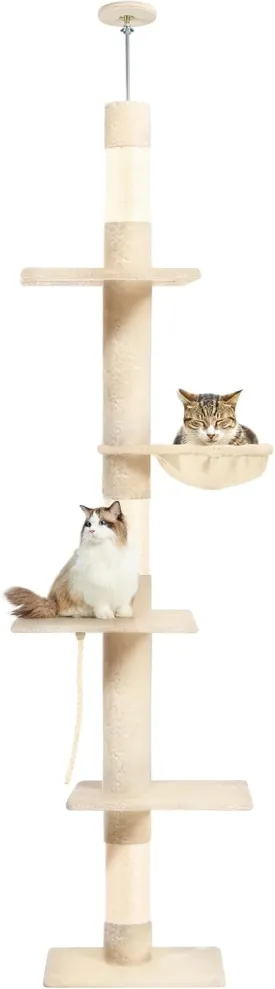 Cat Tree 5-Tier Floor to Ceiling Cat Tower with Cozy Hammock, 89-109 Inch Adjustable Height, Sisal Cat Scratching Post Provide Cats Vertical Enrichment to Jump and Climb, Beige