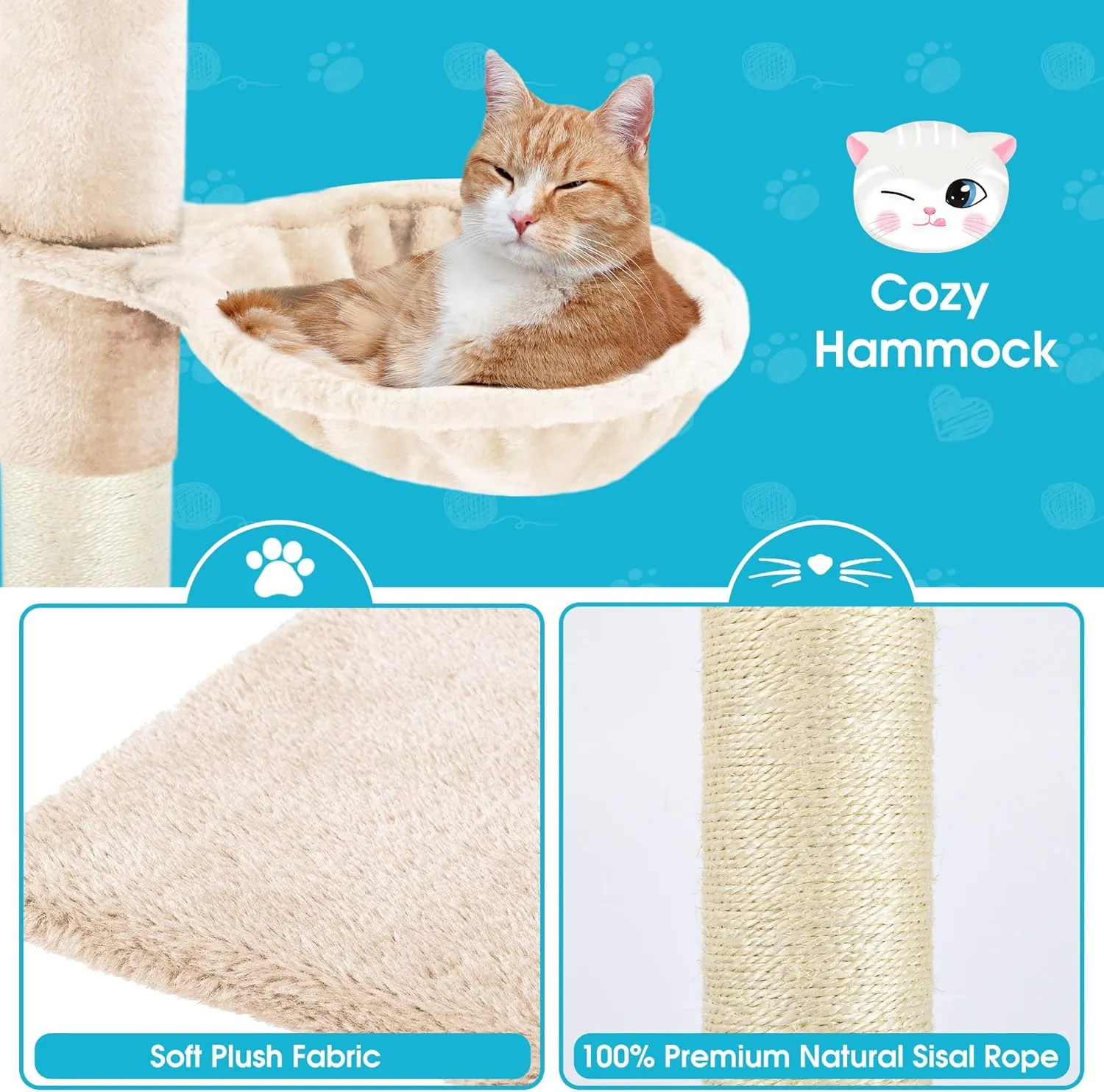 Cat Tree 5-Tier Floor to Ceiling Cat Tower with Cozy Hammock, 89-109 Inch Adjustable Height, Sisal Cat Scratching Post Provide Cats Vertical Enrichment to Jump and Climb, Beige