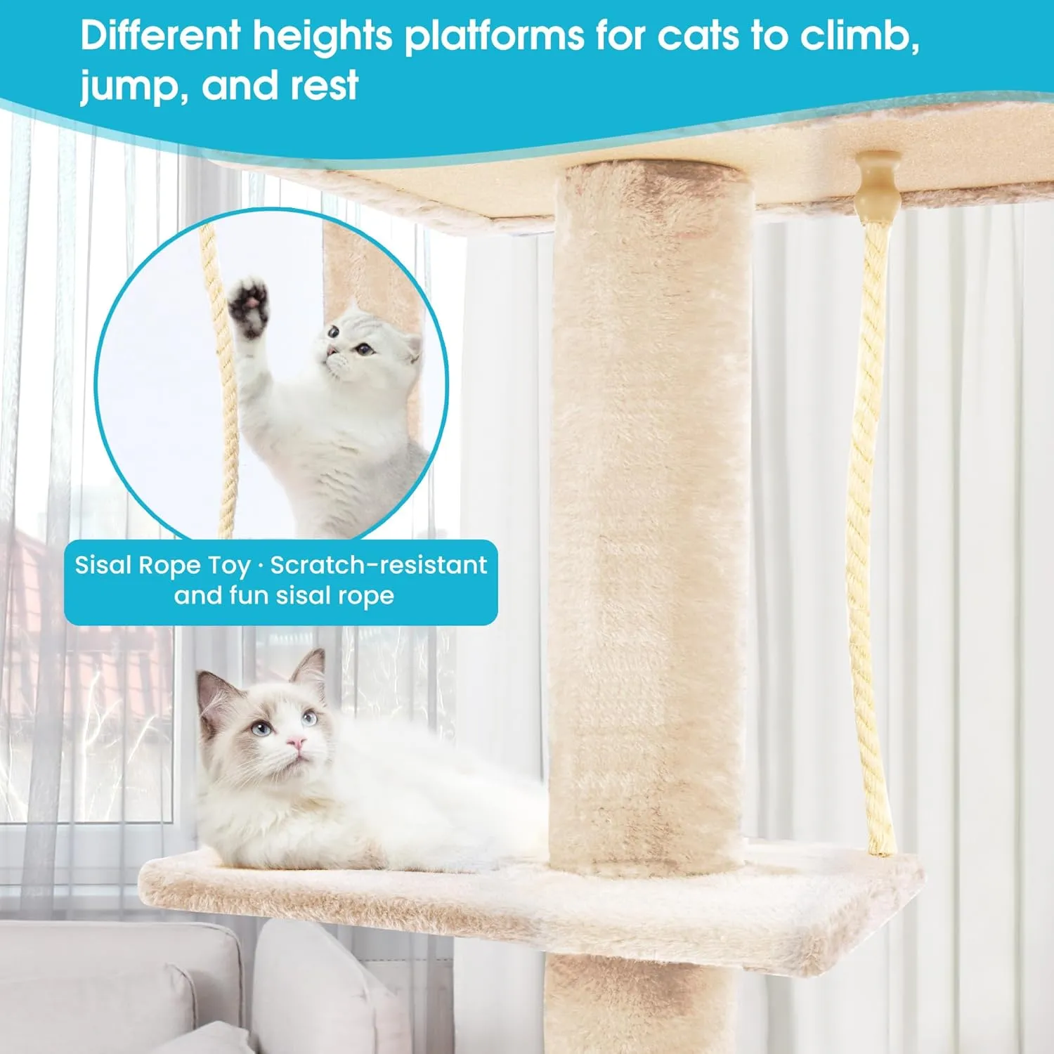 Cat Tree 5-Tier Floor to Ceiling Cat Tower with Cozy Hammock, 89-109 Inch Adjustable Height, Sisal Cat Scratching Post Provide Cats Vertical Enrichment to Jump and Climb, Beige