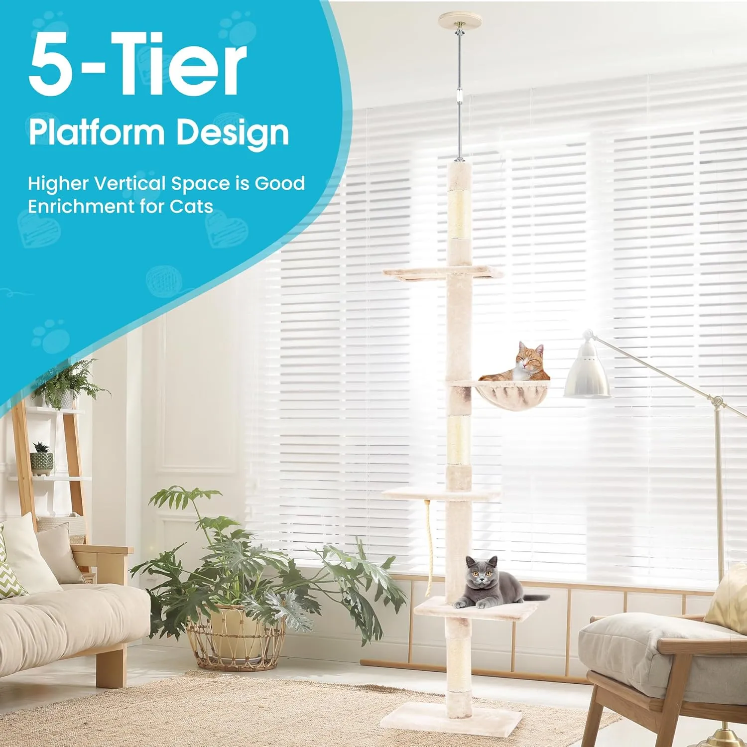 Cat Tree 5-Tier Floor to Ceiling Cat Tower with Cozy Hammock, 89-109 Inch Adjustable Height, Sisal Cat Scratching Post Provide Cats Vertical Enrichment to Jump and Climb, Beige