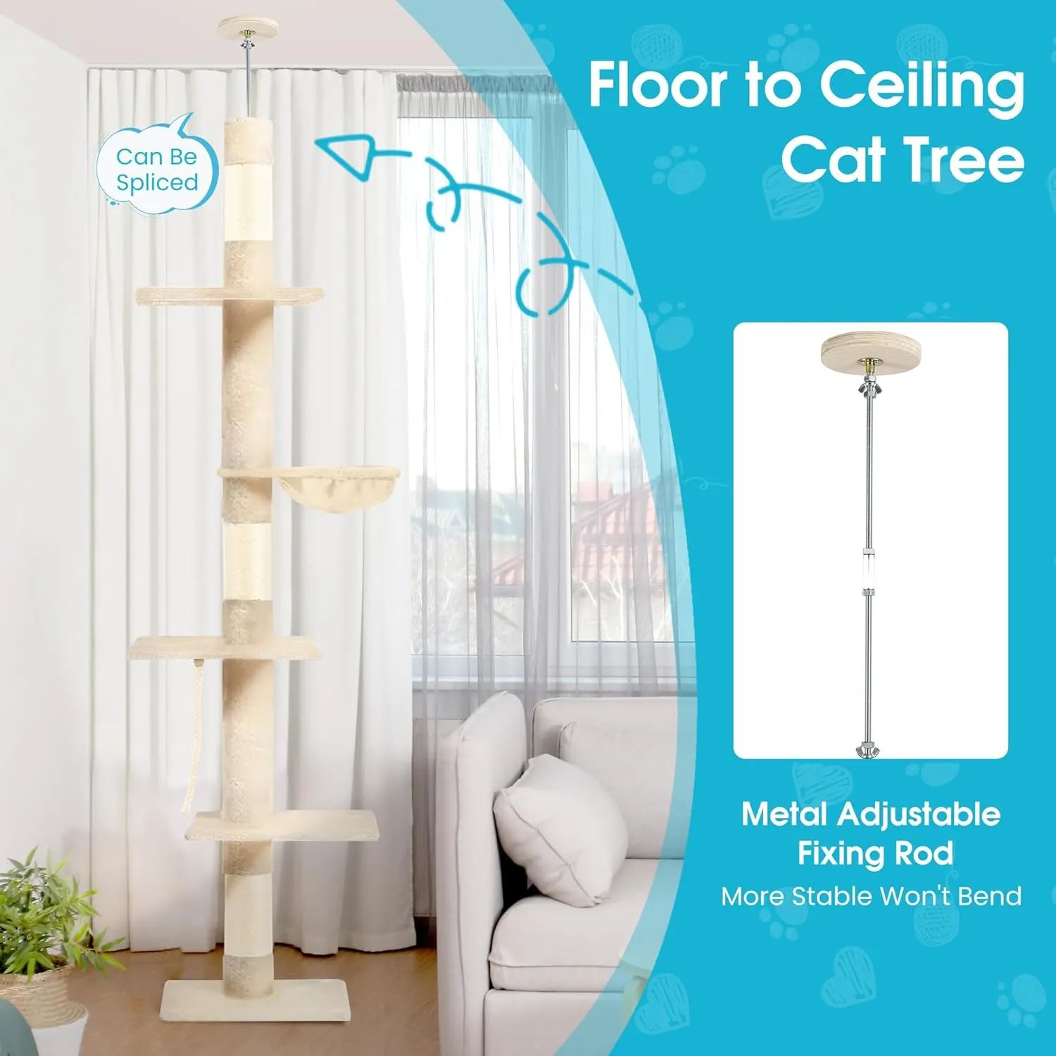 Cat Tree 5-Tier Floor to Ceiling Cat Tower with Cozy Hammock, 89-109 Inch Adjustable Height, Sisal Cat Scratching Post Provide Cats Vertical Enrichment to Jump and Climb, Beige
