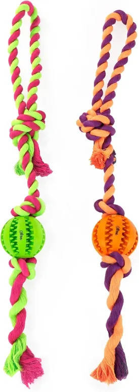 CHIWAVA 2 Pack 2" Rope Rubber Dog Toys,Dental Ball on Rope, Tug Fetch Ball for Small Dog Assorted Color