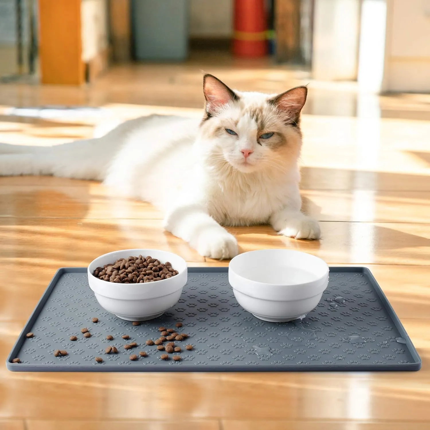 Coomazy Dog Food Mat, Silicone Waterproof Cat Feeding Mat Raised Edges, Nonslip Pet Placemat Bowl Tray to Stop Food Spills and Water Messes Out to Floor, 18.9x11.8 Grey