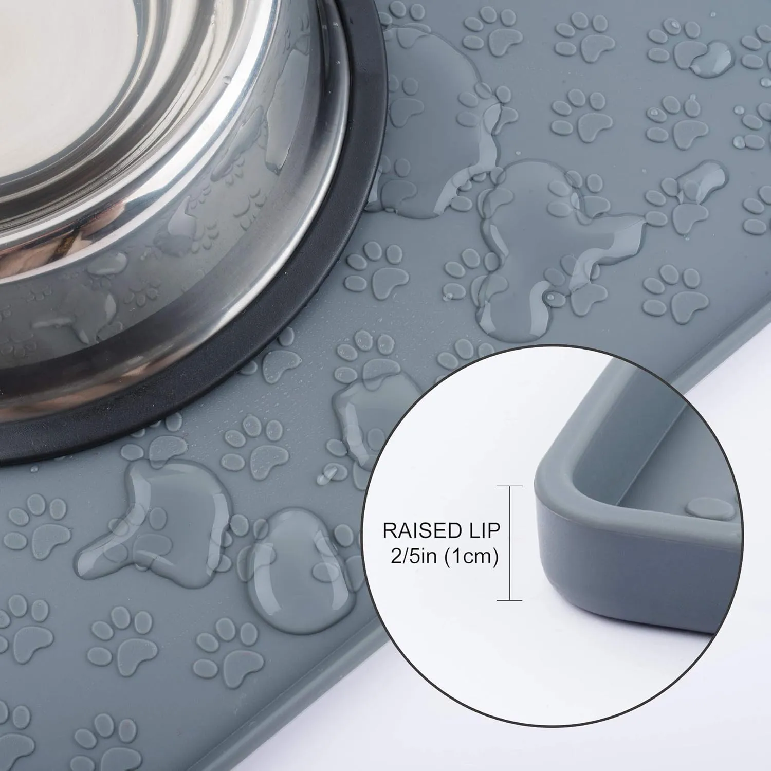 Coomazy Dog Food Mat, Silicone Waterproof Cat Feeding Mat Raised Edges, Nonslip Pet Placemat Bowl Tray to Stop Food Spills and Water Messes Out to Floor, 18.9x11.8 Grey