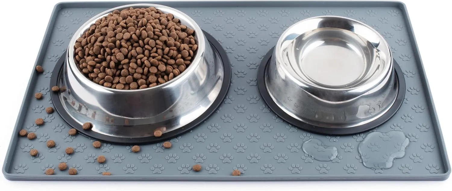 Coomazy Dog Food Mat, Silicone Waterproof Cat Feeding Mat Raised Edges, Nonslip Pet Placemat Bowl Tray to Stop Food Spills and Water Messes Out to Floor, 18.9x11.8 Grey