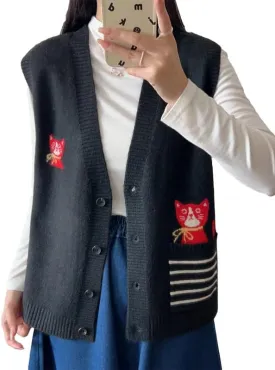 CORIRESHA Girl Cute Cat Rabbit Embroidered Sweater Vest Button Sleeveless Knit Cardigan