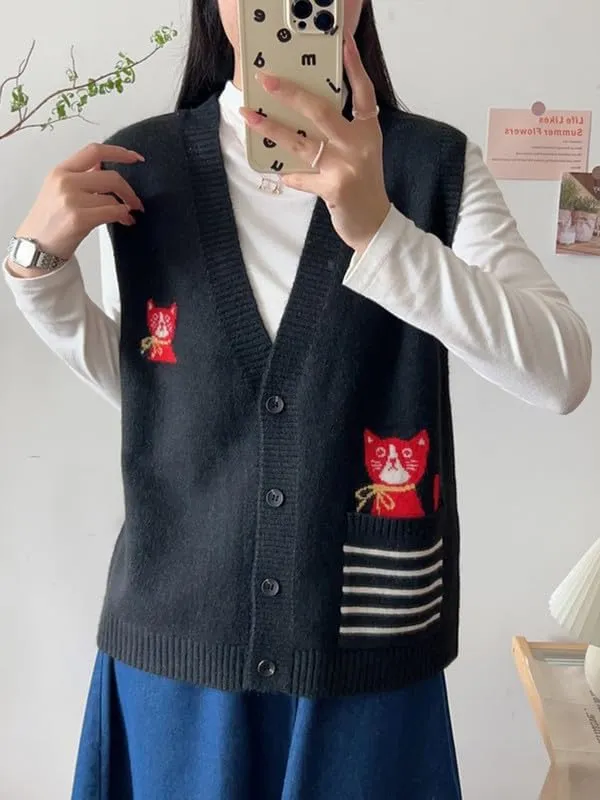 CORIRESHA Girl Cute Cat Rabbit Embroidered Sweater Vest Button Sleeveless Knit Cardigan