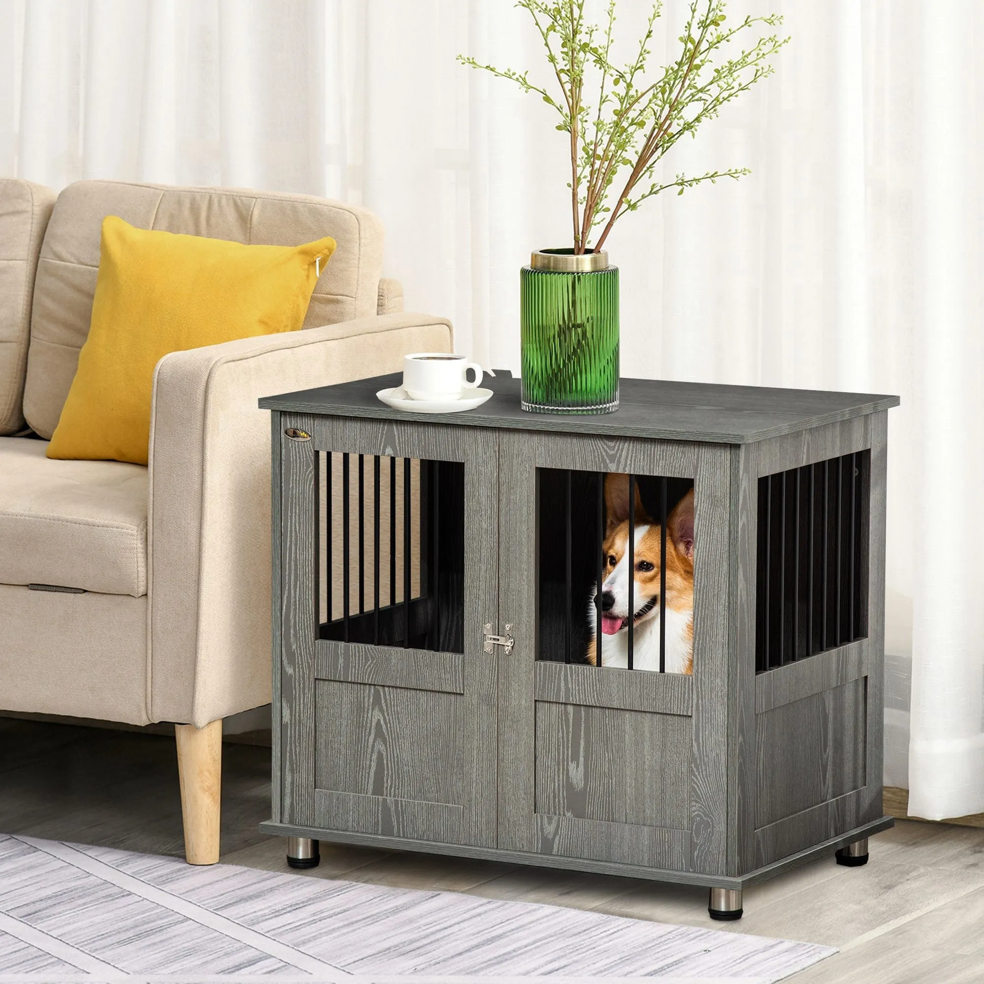 Dog Crate Furniture End Table Pet Kennel for Small and Medium Dogs with Magnetic Door Indoor Animal Cage Grey 85 x 55 x 75 cm