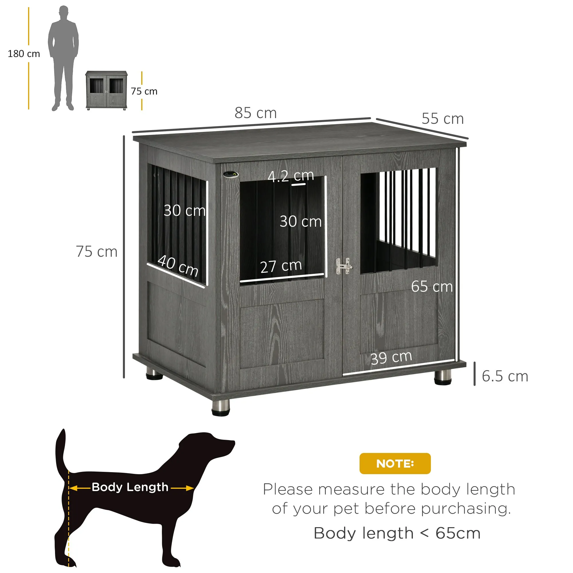 Dog Crate Furniture End Table Pet Kennel for Small and Medium Dogs with Magnetic Door Indoor Animal Cage Grey 85 x 55 x 75 cm