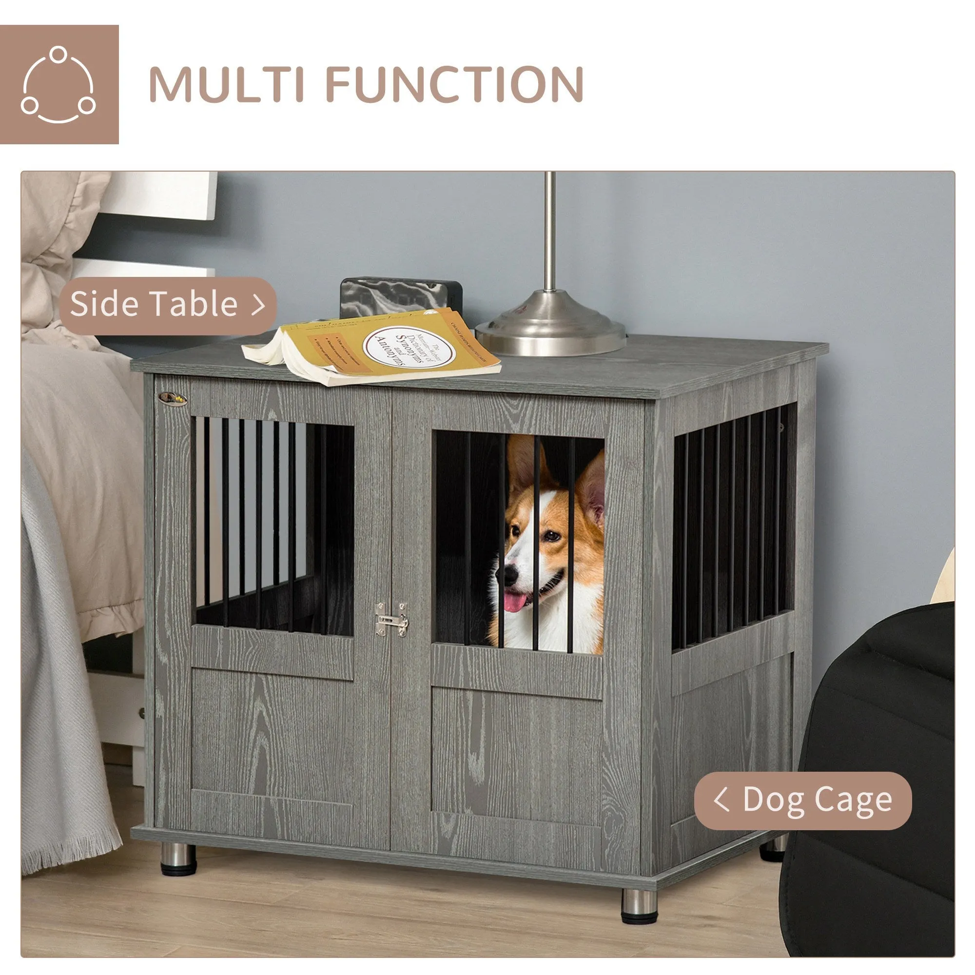 Dog Crate Furniture End Table Pet Kennel for Small and Medium Dogs with Magnetic Door Indoor Animal Cage Grey 85 x 55 x 75 cm