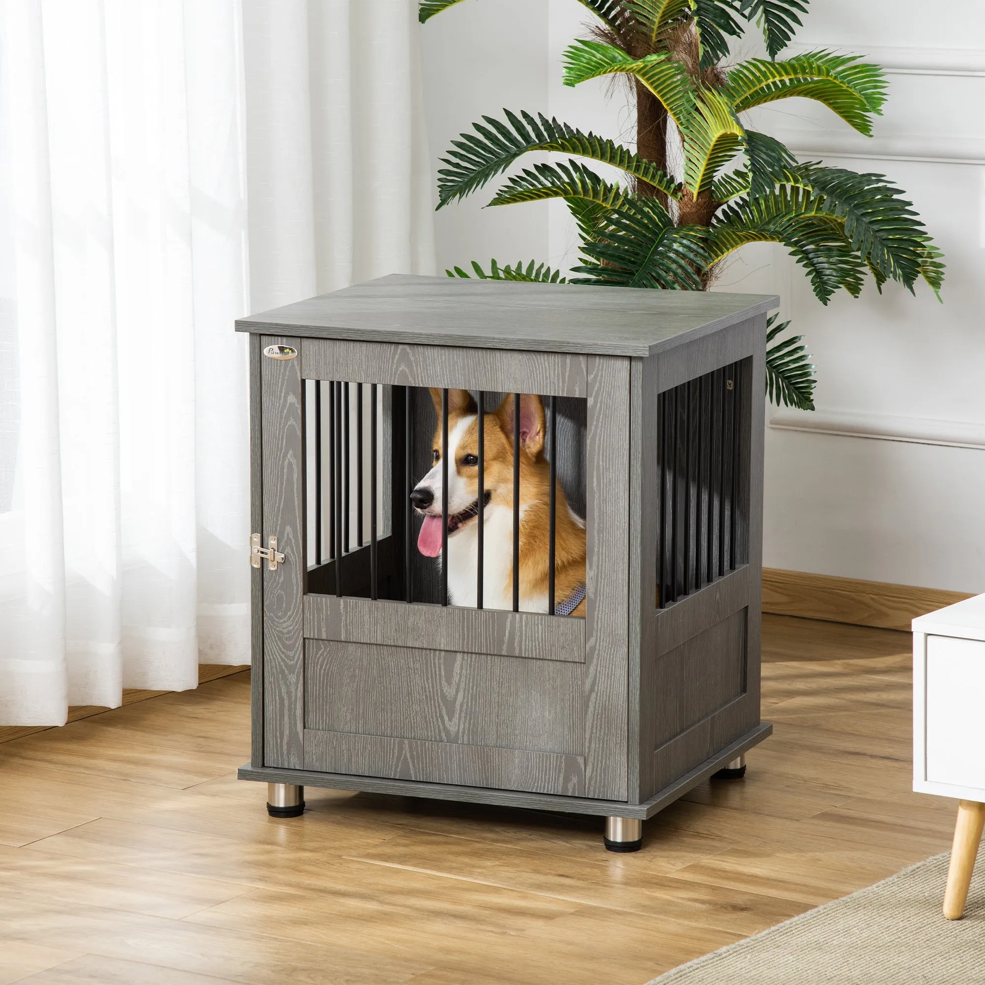 Dog Crate Furniture Wooden End Table Small Pet Kennel with Magnetic Door Indoor Crate Animal Cage Grey