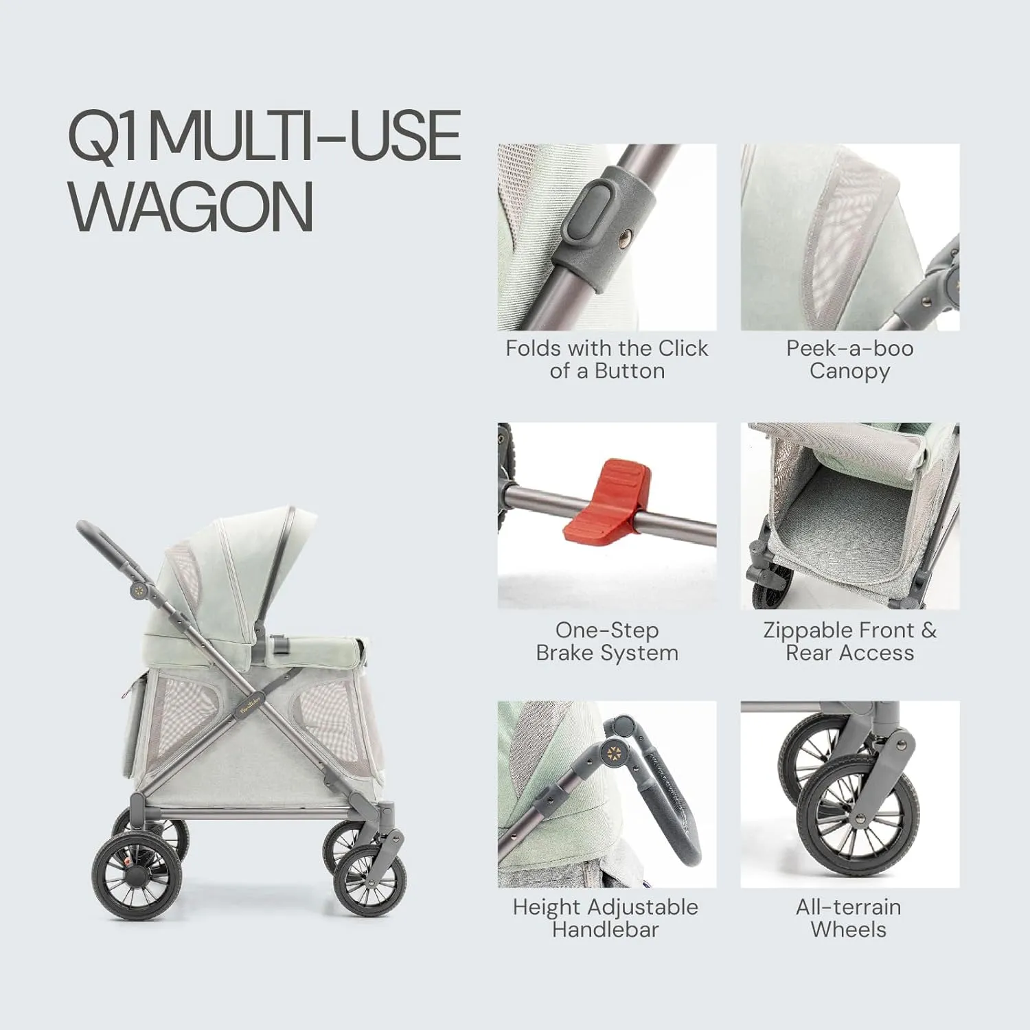 Familidoo Q1 Multi-Use Kids Wagon Stroller  Foldable, Lightweight & All-Terrain for Kids & Pets  5-Point Safety Harness, Rain Cover & Compact Travel Design  Supports Up to 132 lbs (Sage Green)