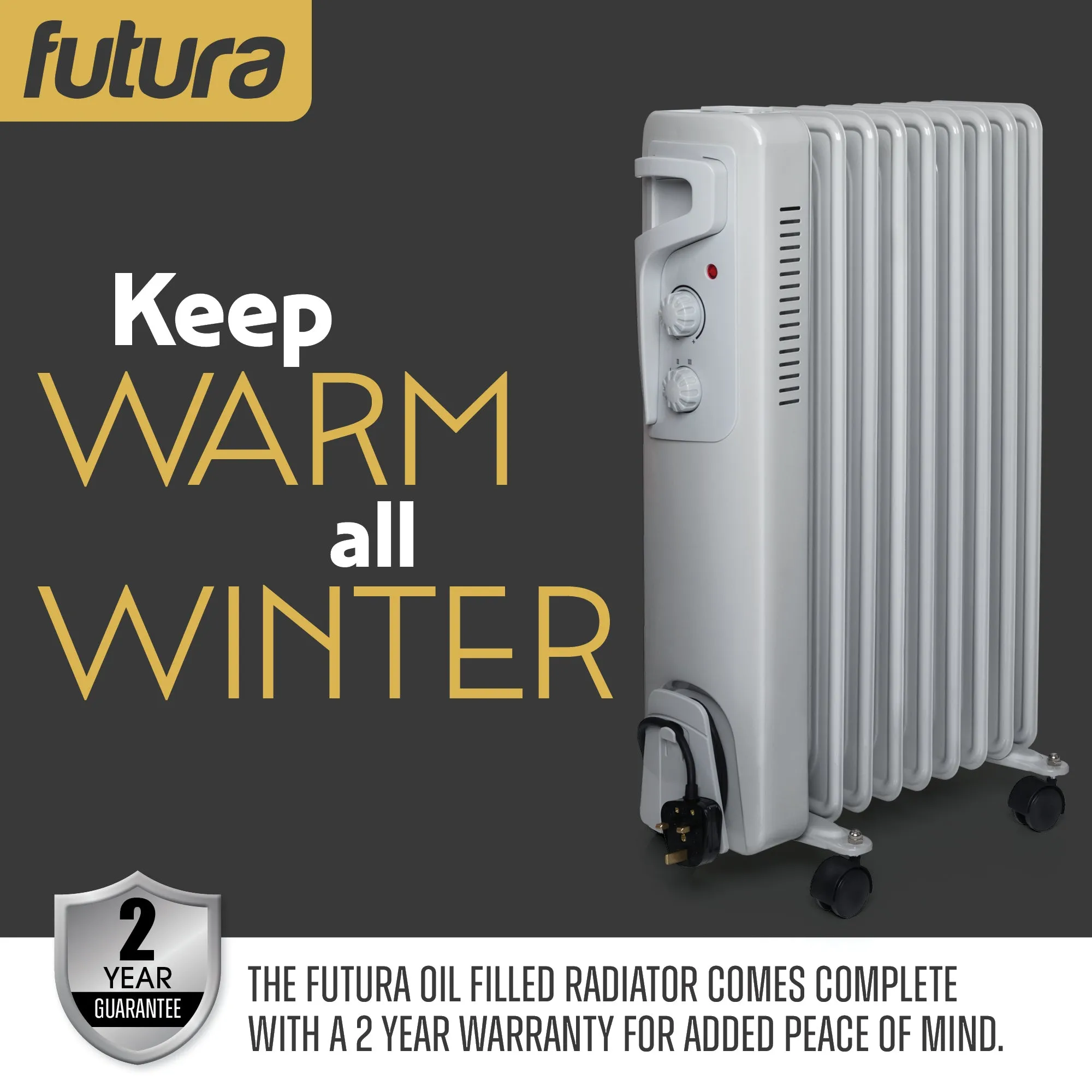 Futura Oil Filled Radiator Electric Heater 9 Fin - Grey 2000W