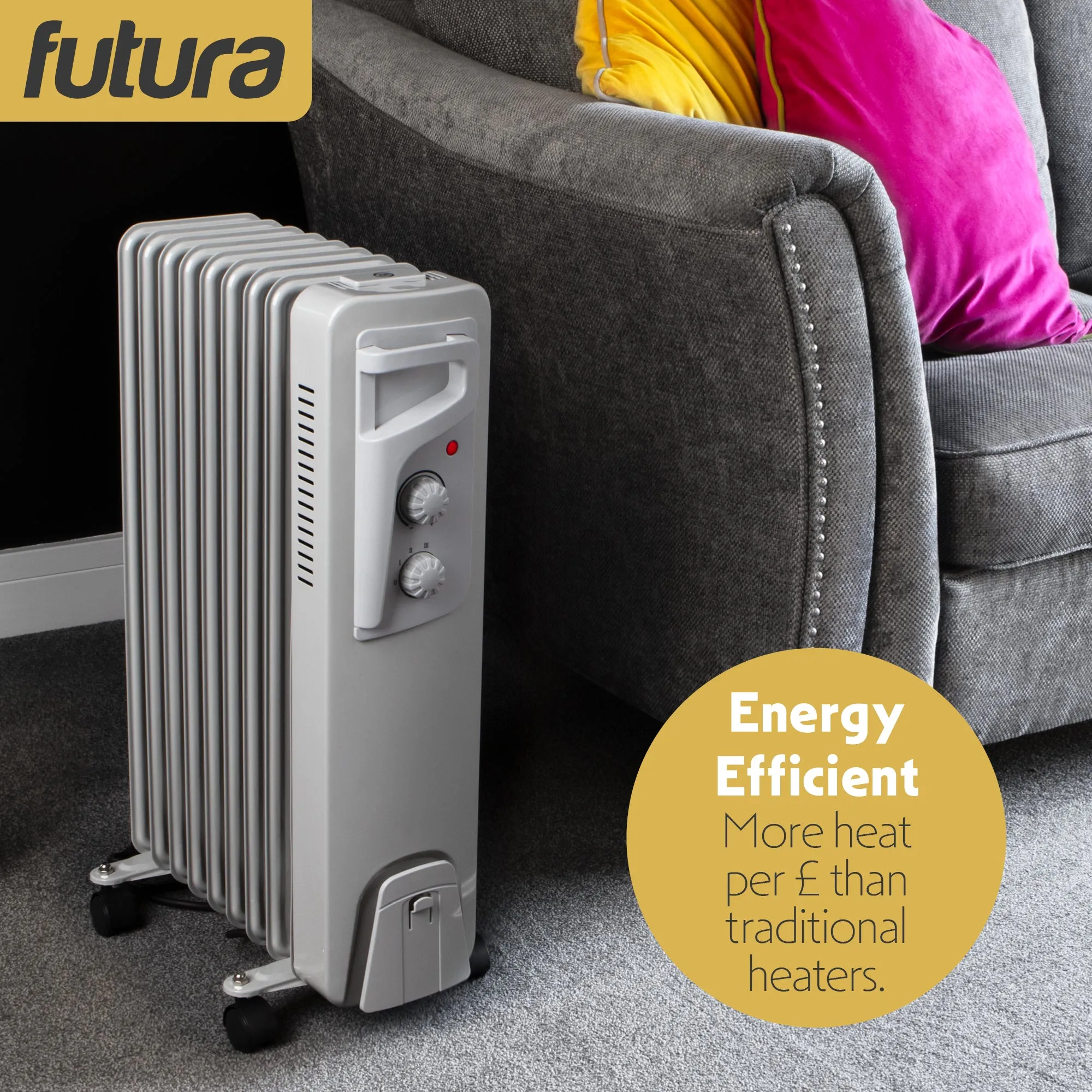 Futura Oil Filled Radiator Electric Heater 9 Fin - Grey 2000W
