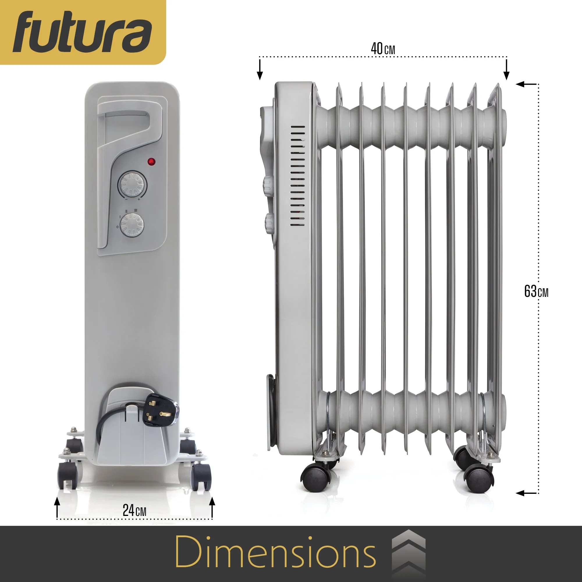 Futura Oil Filled Radiator Electric Heater 9 Fin - Grey 2000W