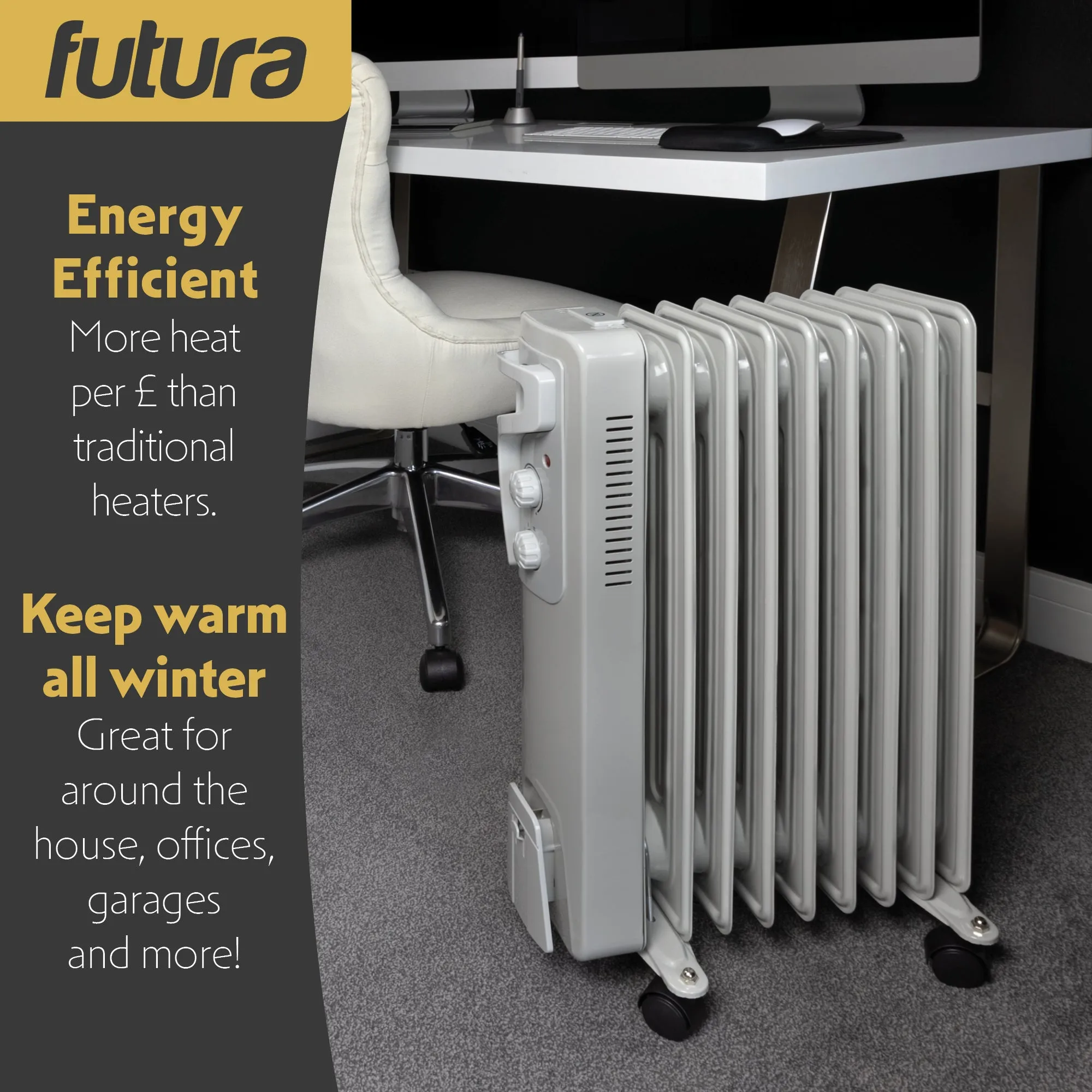 Futura Oil Filled Radiator Electric Heater 9 Fin - Grey 2000W