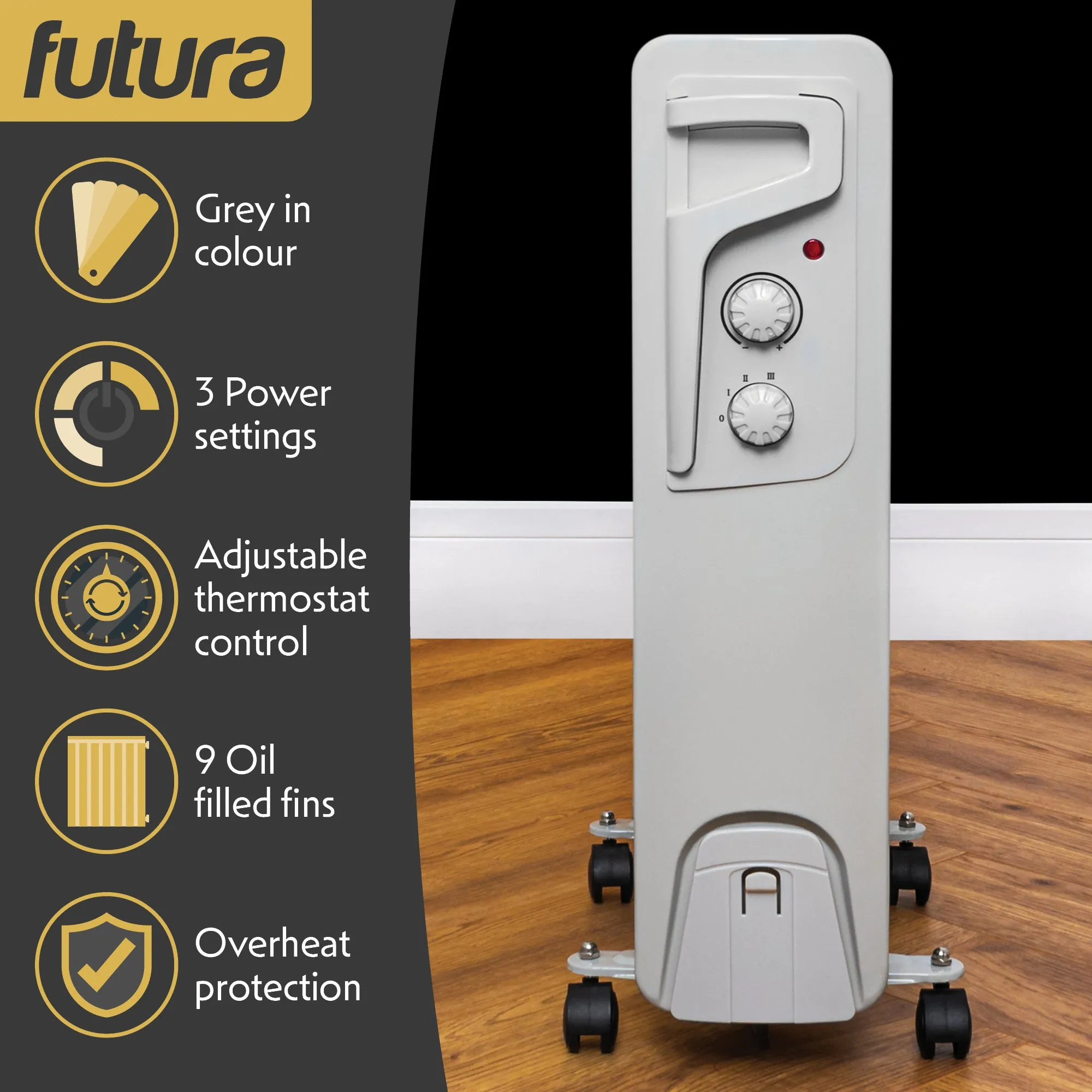 Futura Oil Filled Radiator Electric Heater 9 Fin - Grey 2000W
