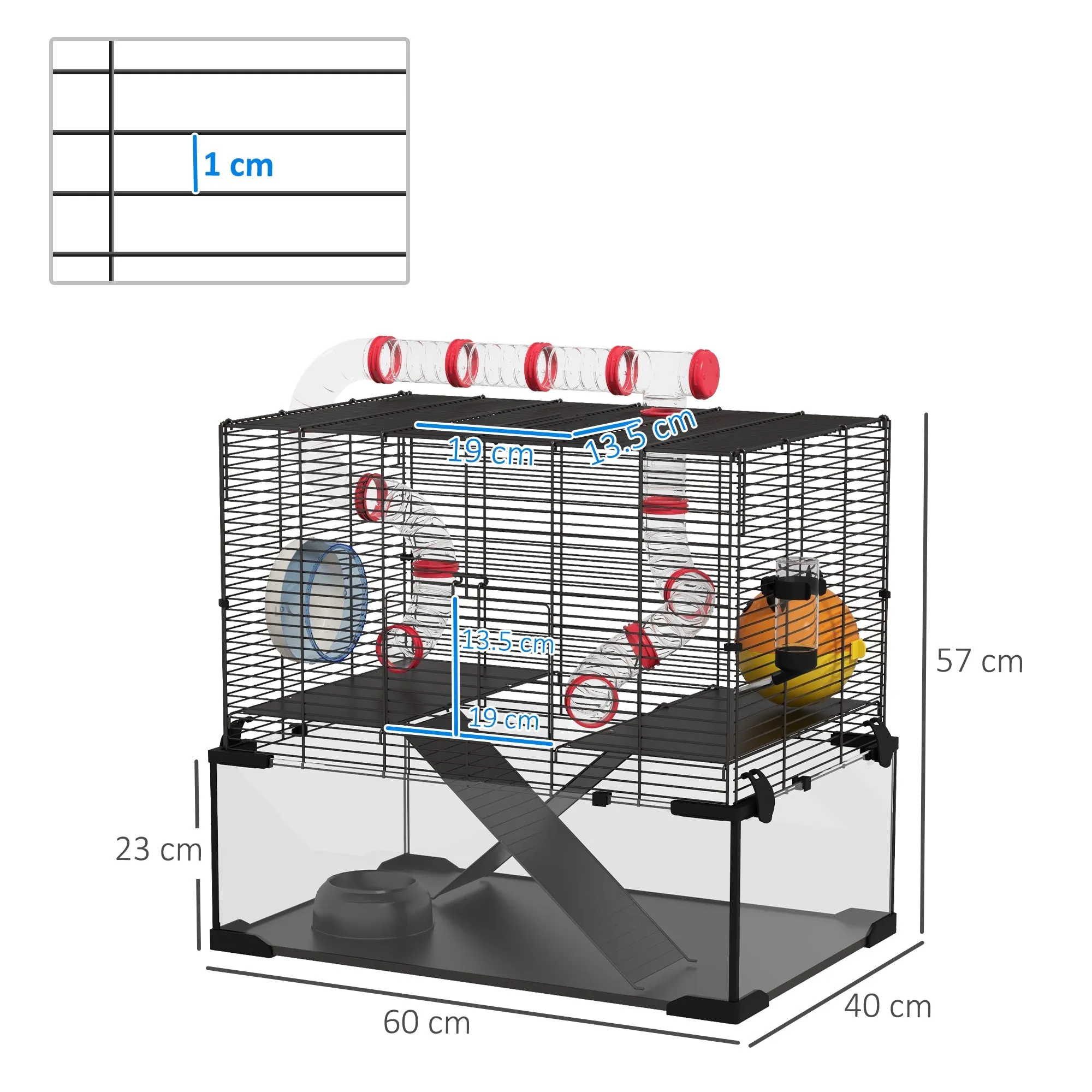 Gerbil Cage Dwarf Hamster Cage with Deep Glass Bottom Tunnels Hut Exercise Wheel 60 x 40 x 57cm
