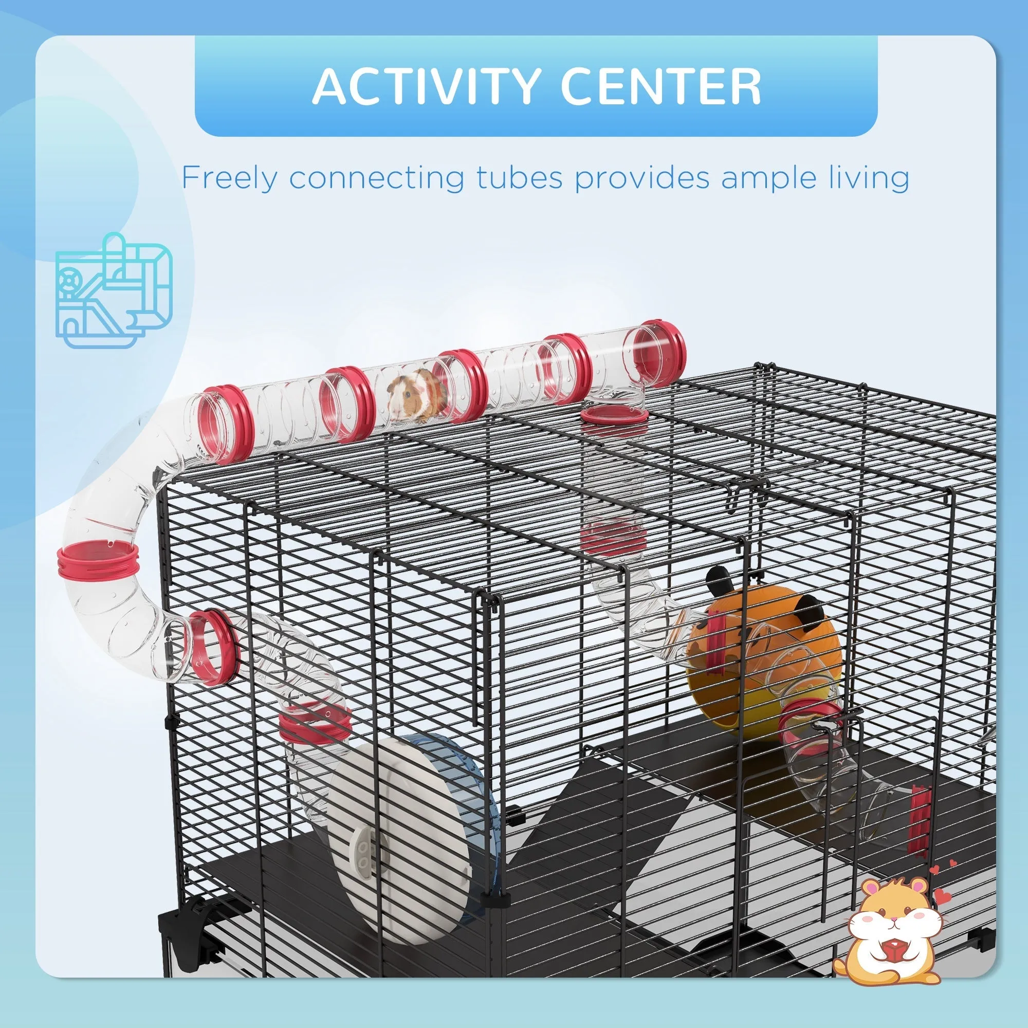 Gerbil Cage Dwarf Hamster Cage with Deep Glass Bottom Tunnels Hut Exercise Wheel 60 x 40 x 57cm