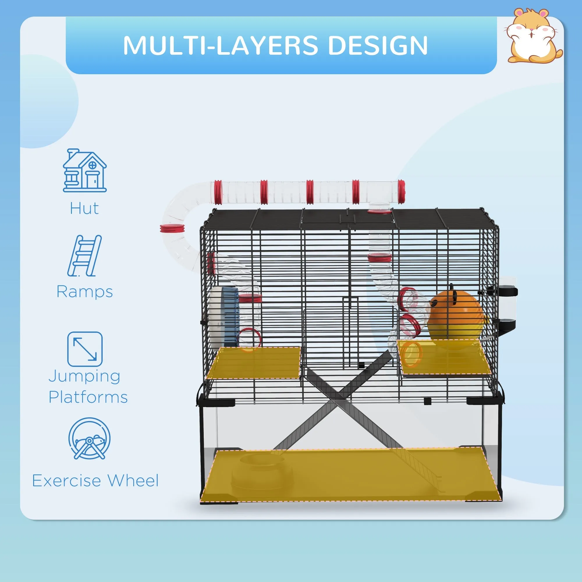 Gerbil Cage Dwarf Hamster Cage with Deep Glass Bottom Tunnels Hut Exercise Wheel 60 x 40 x 57cm