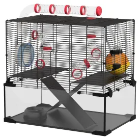 Gerbil Cage Dwarf Hamster Cage with Deep Glass Bottom Tunnels Hut Exercise Wheel 60 x 40 x 57cm